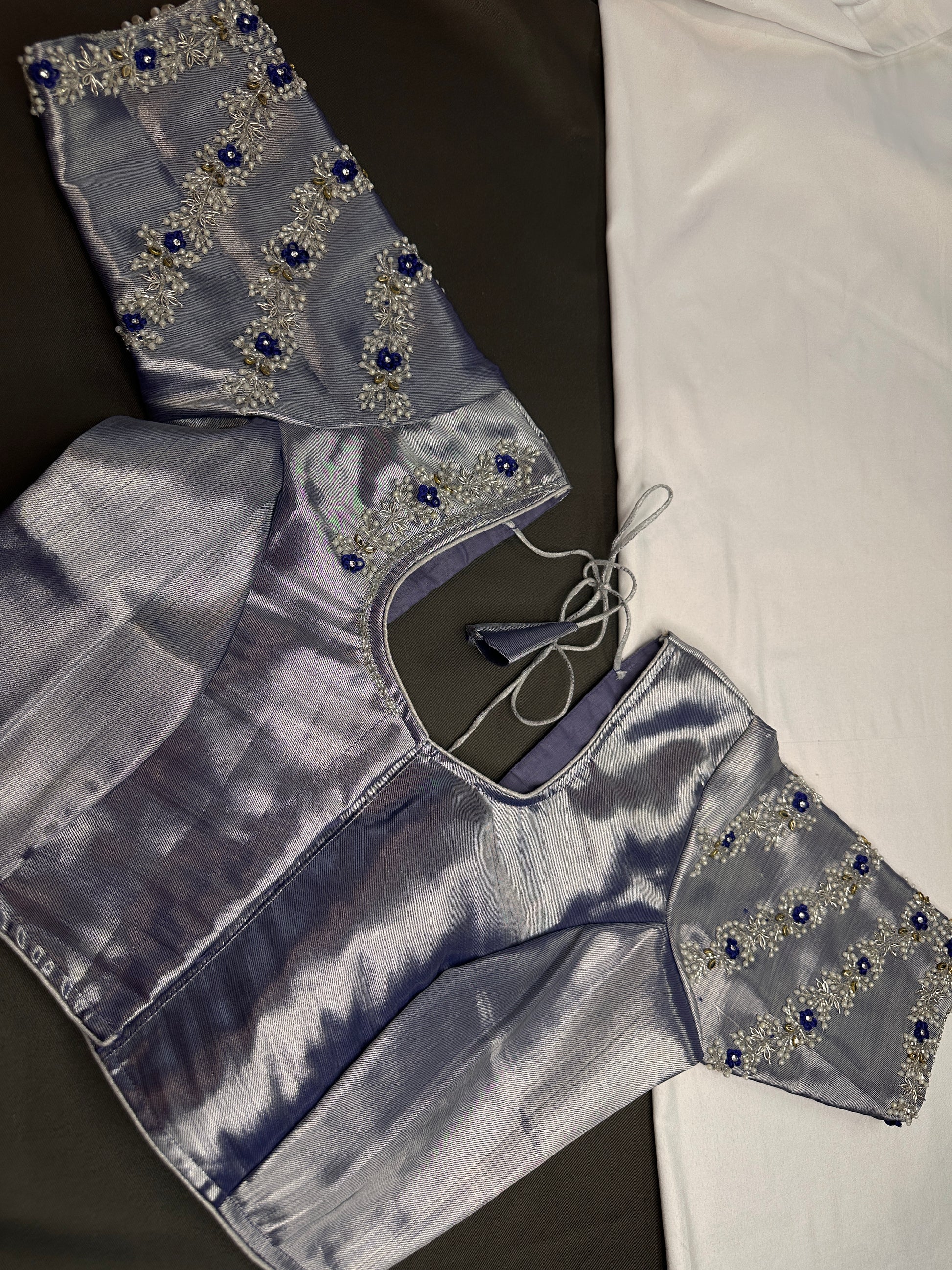 Purple Blue Tissue Silk Maggam Aari Net Blouse - 