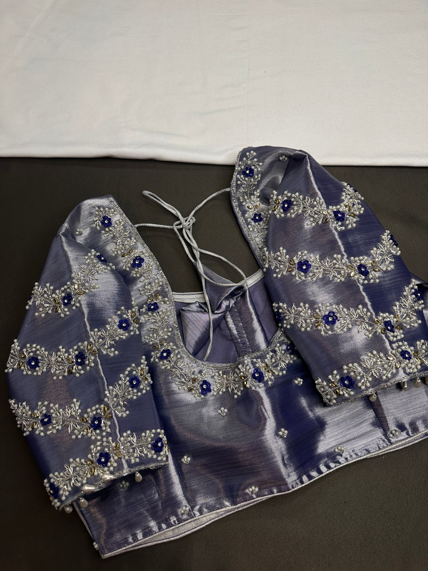 Purple Blue Tissue Silk Maggam Aari Net Blouse - 