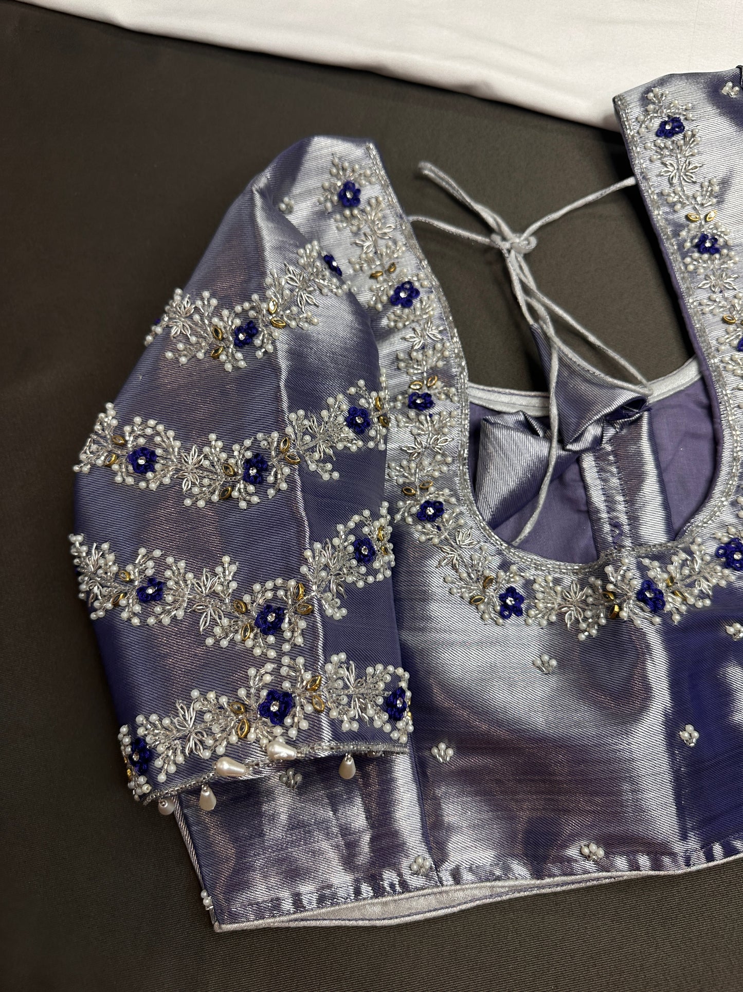 Purple Blue Tissue Silk Maggam Aari Net Blouse - 