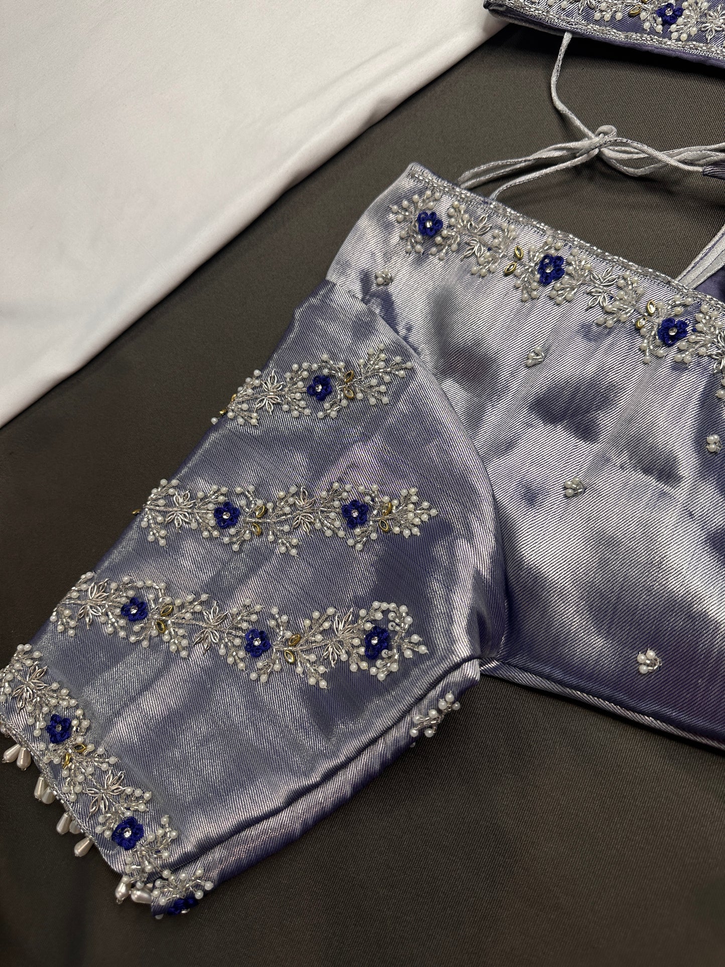 Purple Blue Tissue Silk Maggam Aari Net Blouse - 