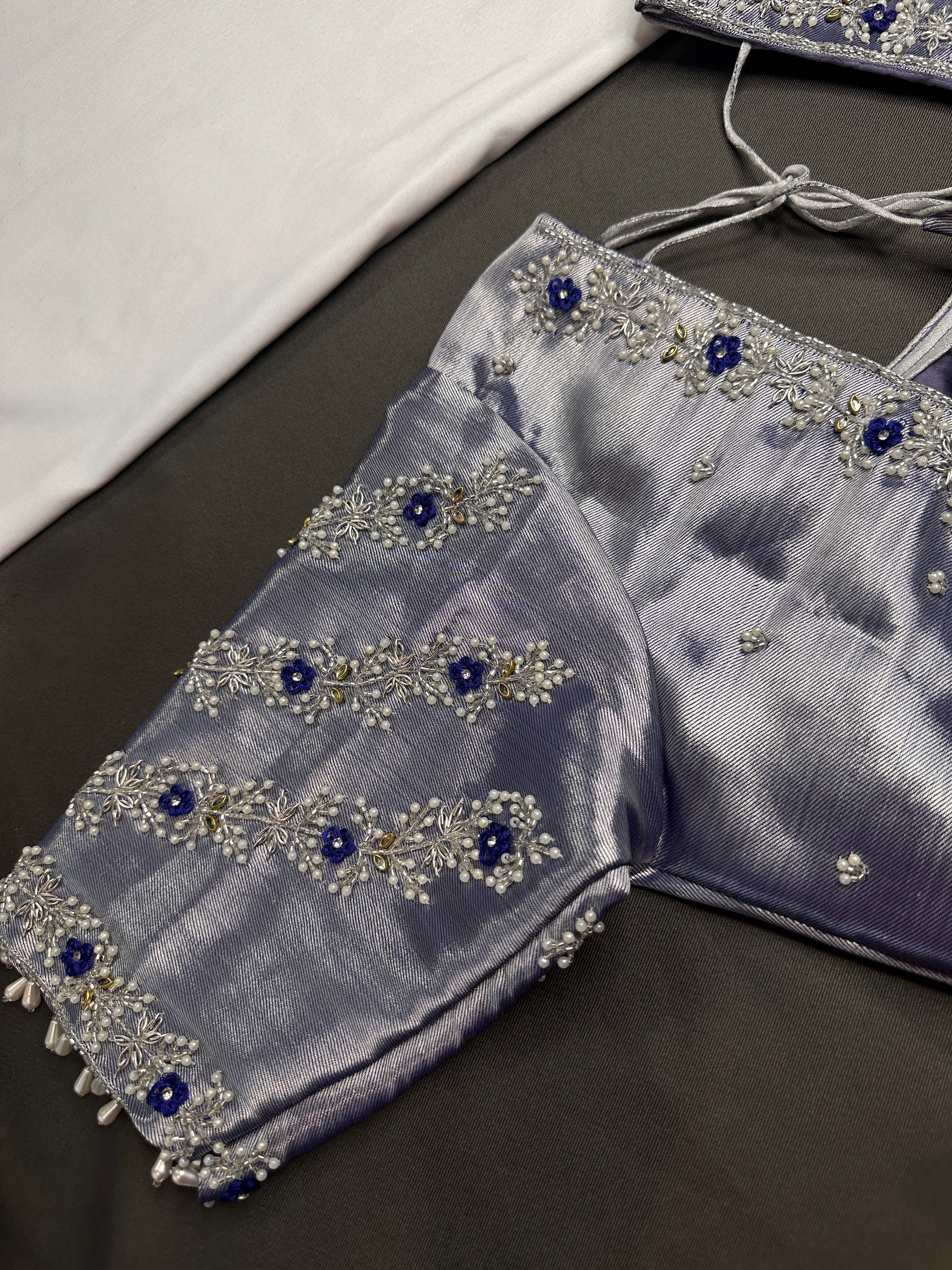 Purple Blue Tissue Silk Maggam Aari Net Blouse - 
