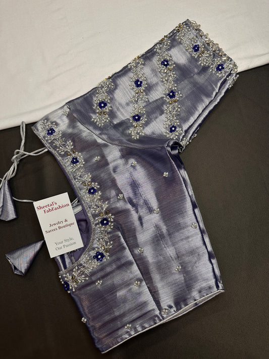 Purple Blue Tissue Silk Maggam Aari Net Blouse - 