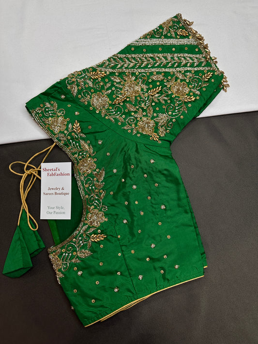 Green Silk Maggam Aari Work Blouse - 
