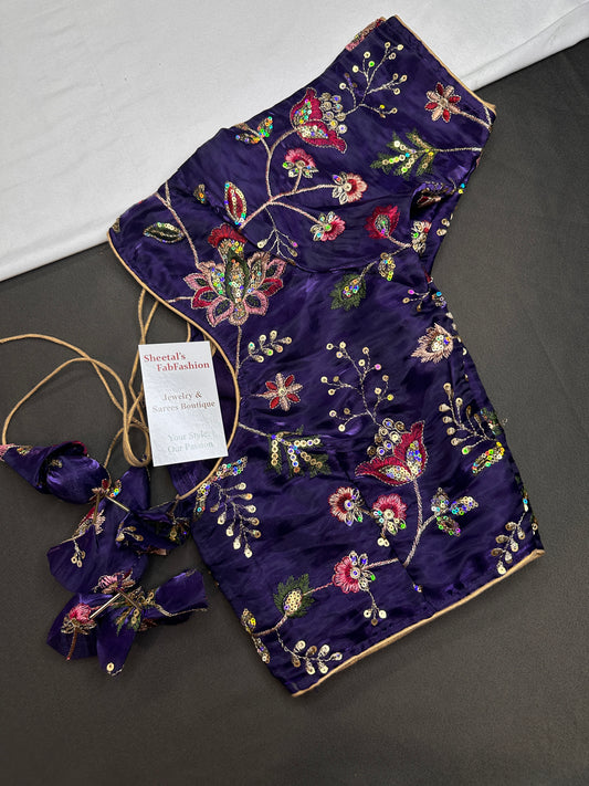 Purple Tissue Silk Embroidery Work Blouse - 