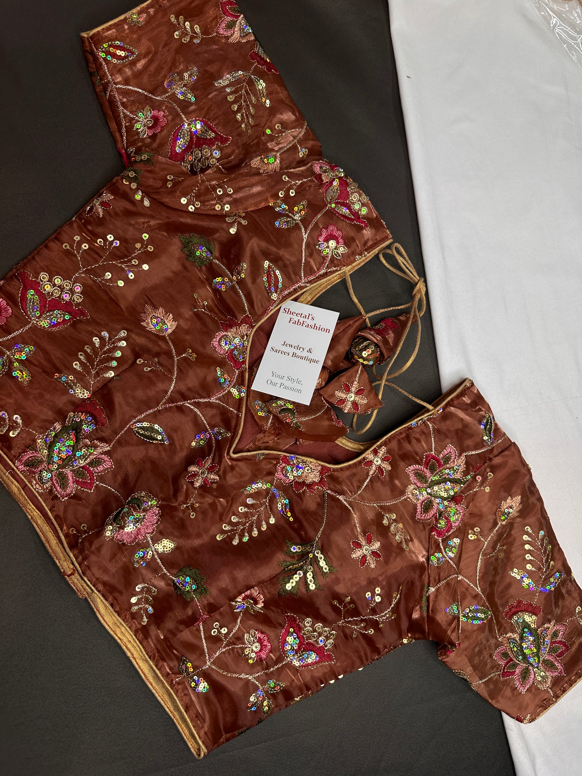 Brown Tissue Silk Embroidery Work Blouse - 