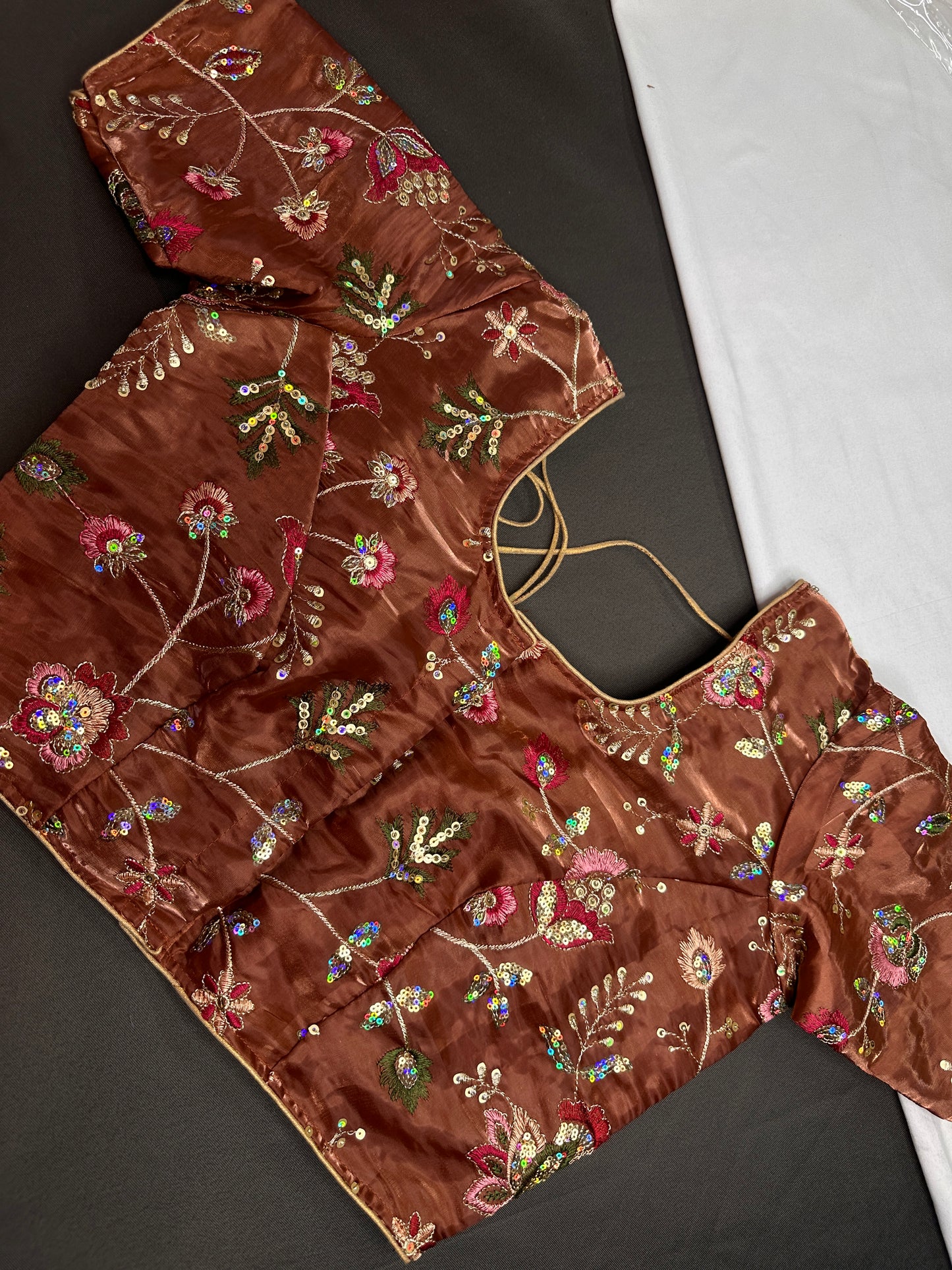 Brown Tissue Silk Embroidery Work Blouse - 
