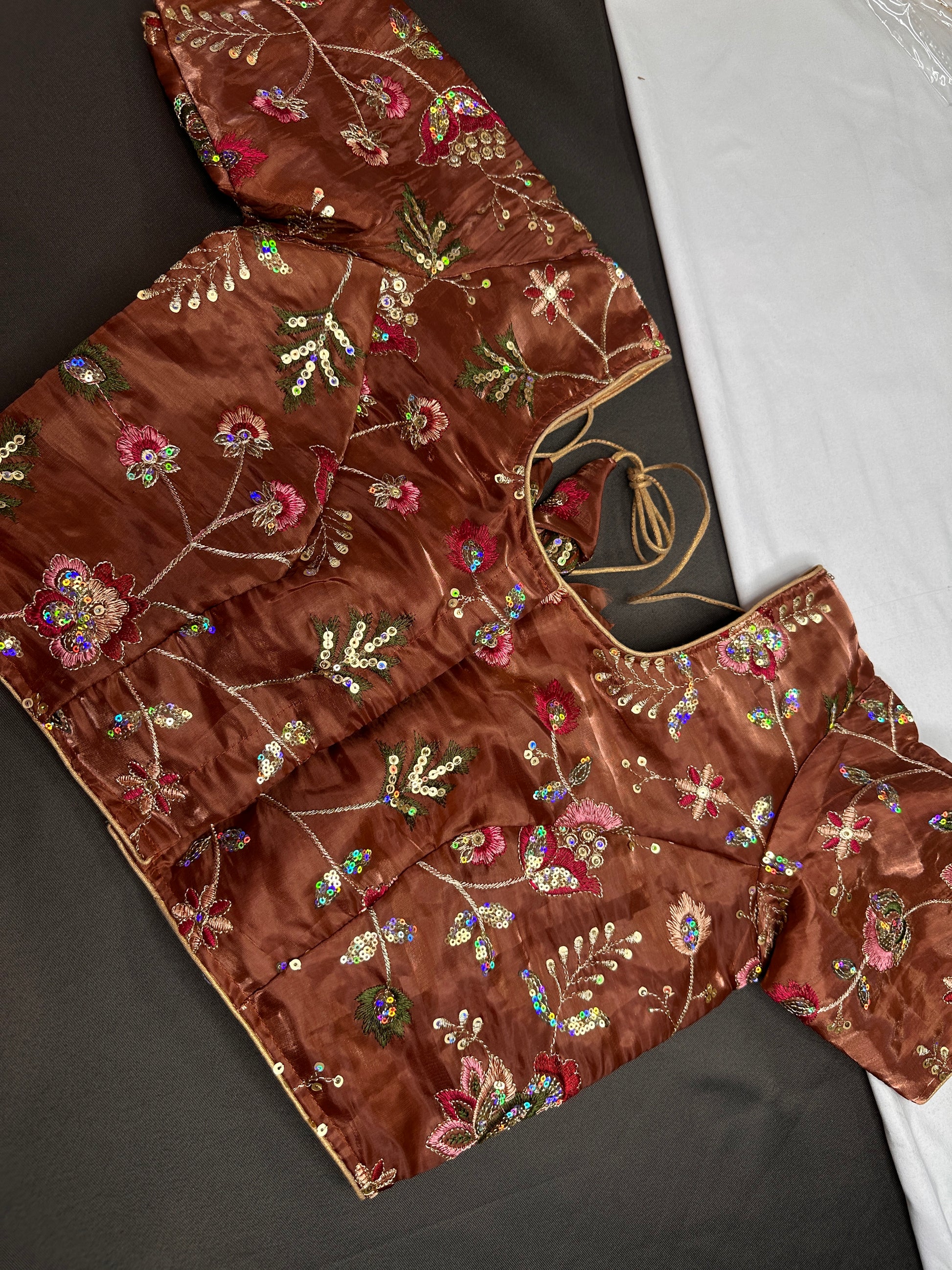 Brown Tissue Silk Embroidery Work Blouse - 