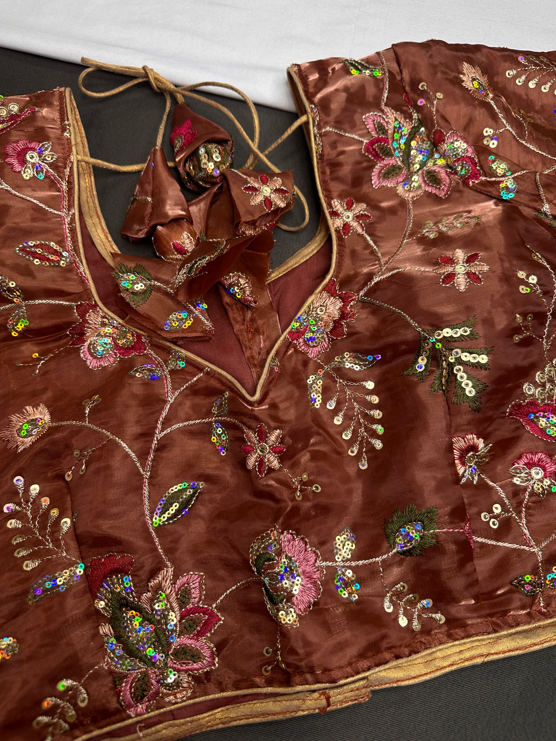 Brown Tissue Silk Embroidery Work Blouse - 