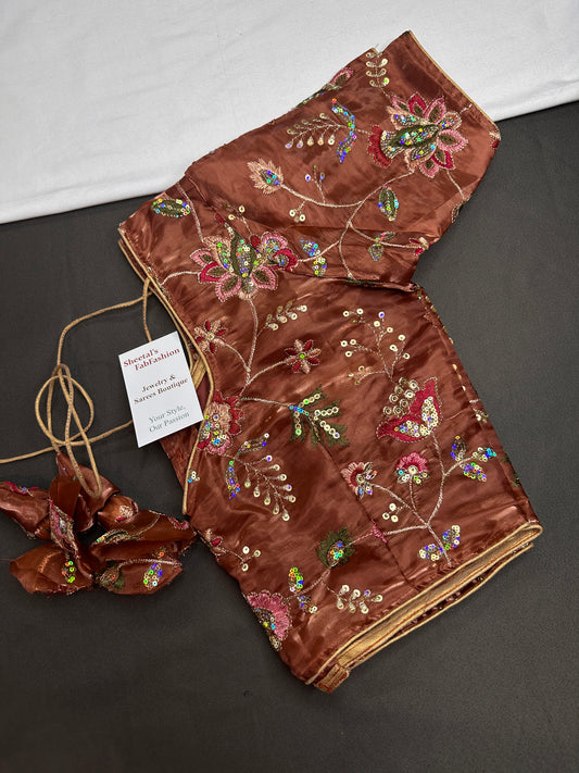Brown Tissue Silk Embroidery Work Blouse - 