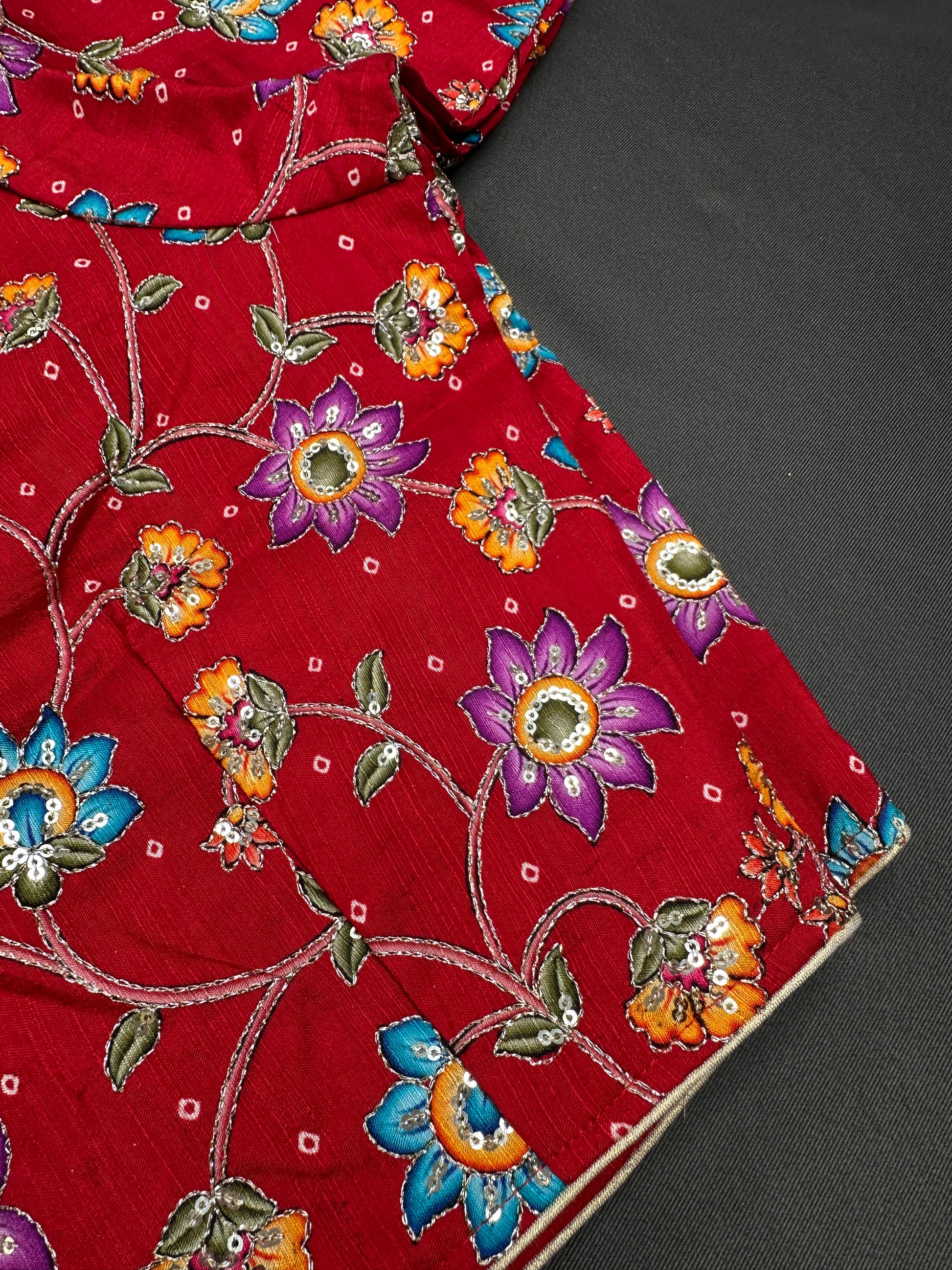 Red Pen  Kalmkari Silk Embroidery Work Blouse - 