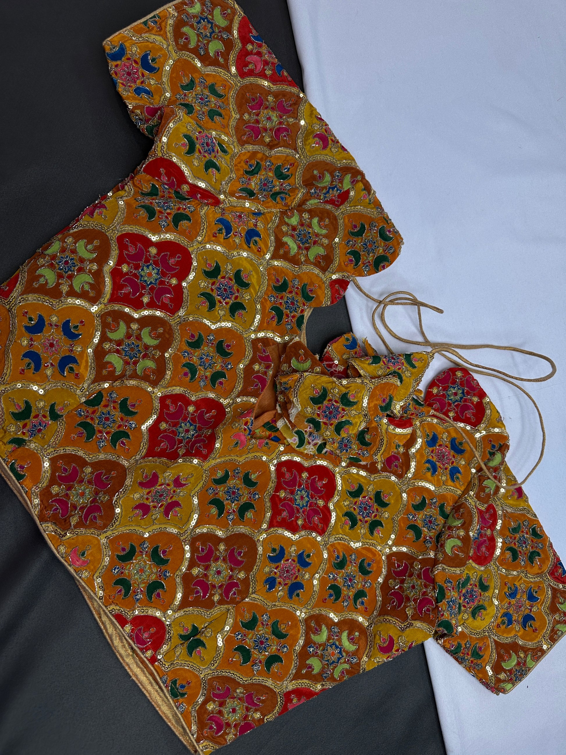 Mustard Multi Color Silk Sequins Work Blouse - 
