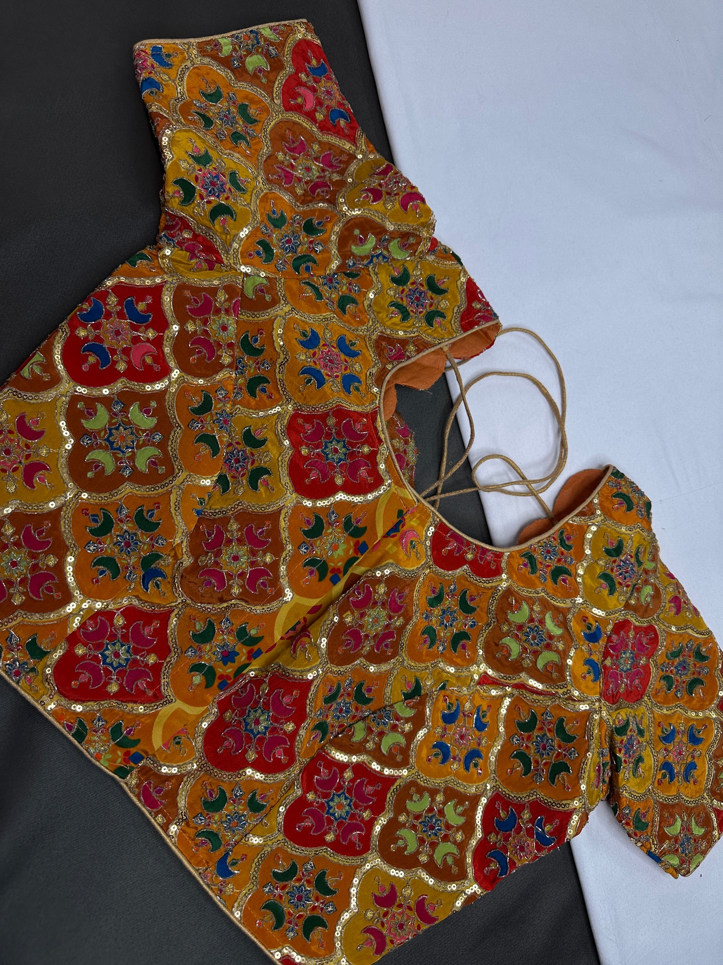 Mustard Multi Color Silk Sequins Work Blouse - 