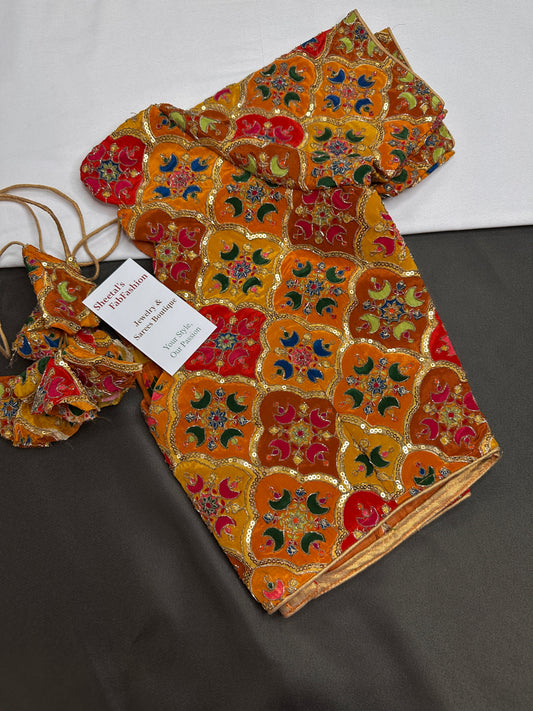 Mustard Multi Color Silk Sequins Work Blouse - 