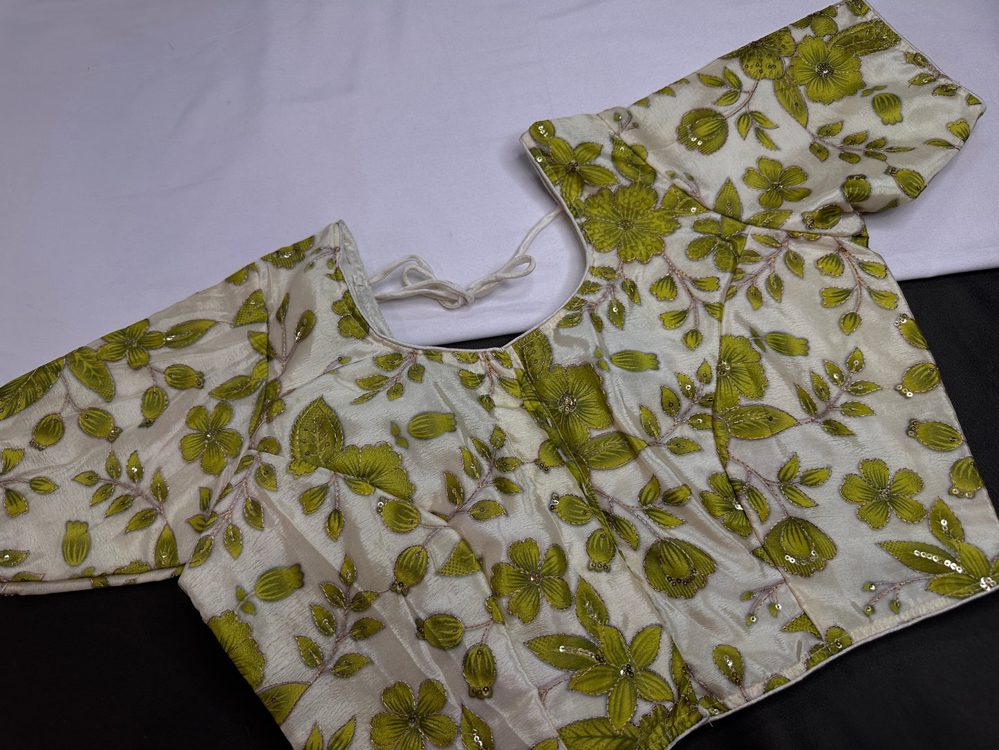 Cream Green Tissue Silk Sequins Work Blouse - 