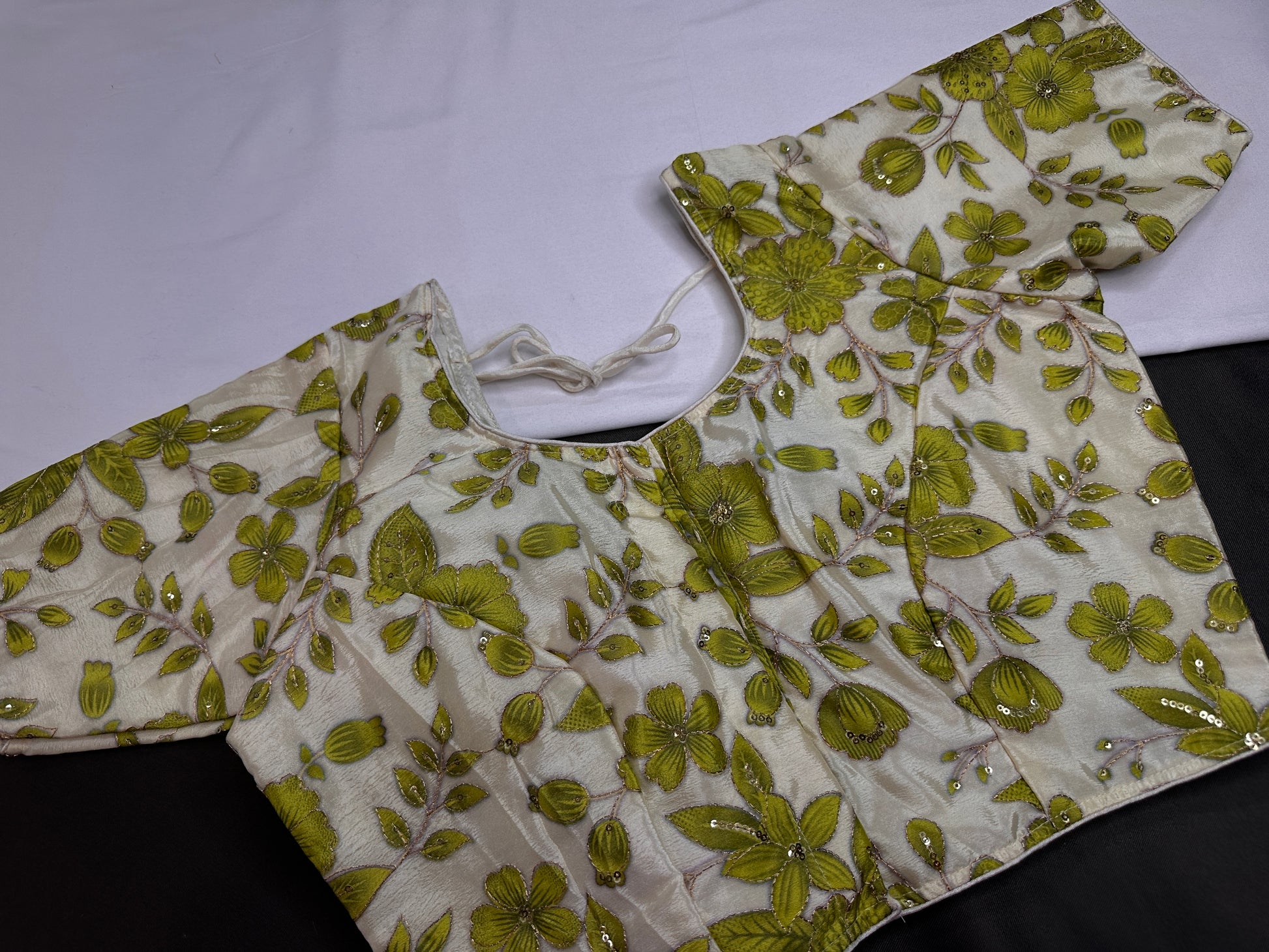 Cream Green Tissue Silk Sequins Work Blouse - 