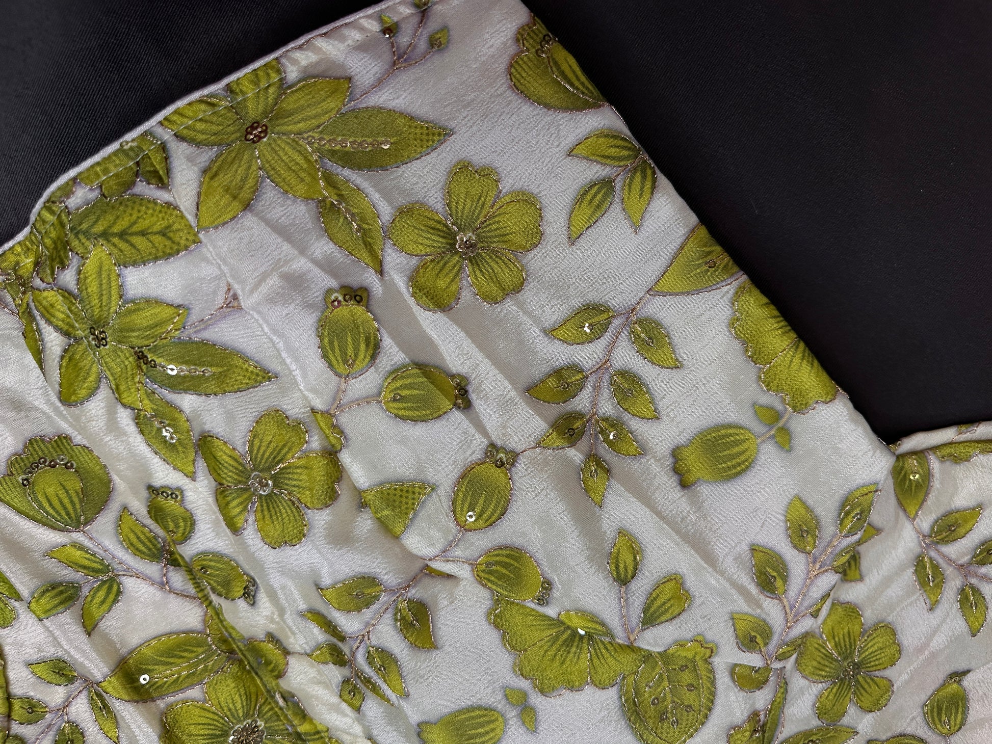 Cream Green Tissue Silk Sequins Work Blouse - 
