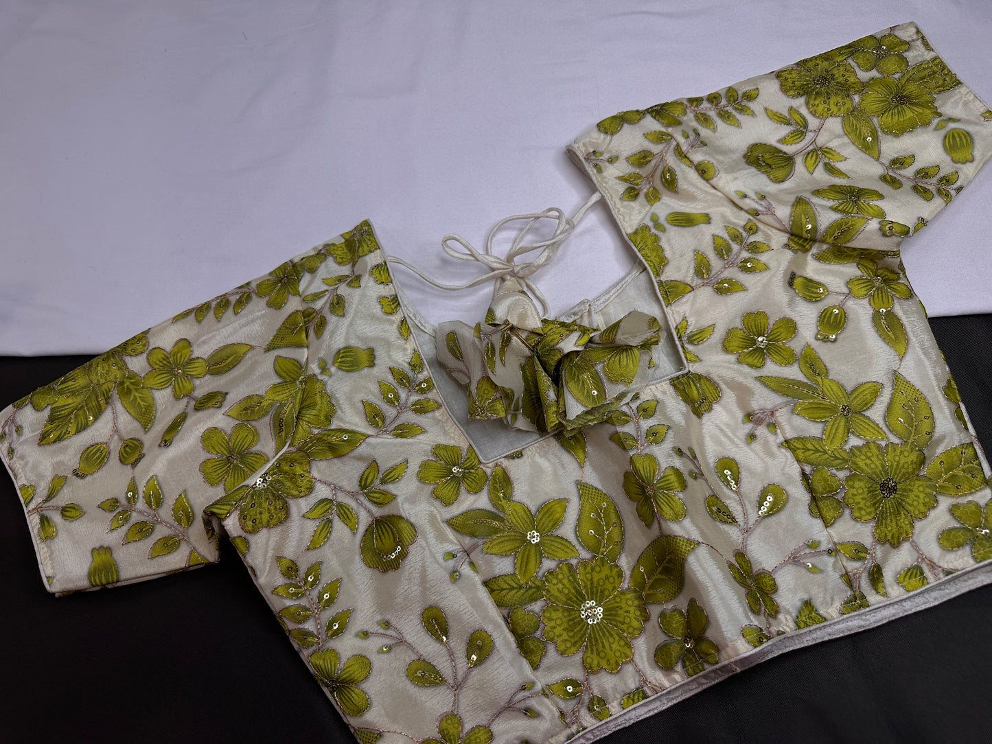 Cream Green Tissue Silk Sequins Work Blouse - 