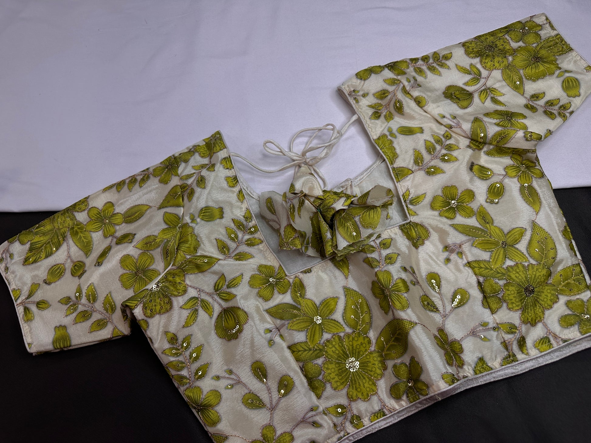 Cream Green Tissue Silk Sequins Work Blouse - 