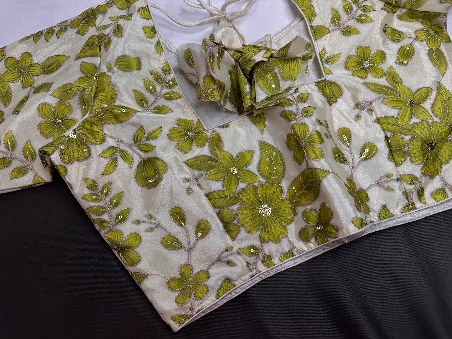 Cream Green Tissue Silk Sequins Work Blouse - 