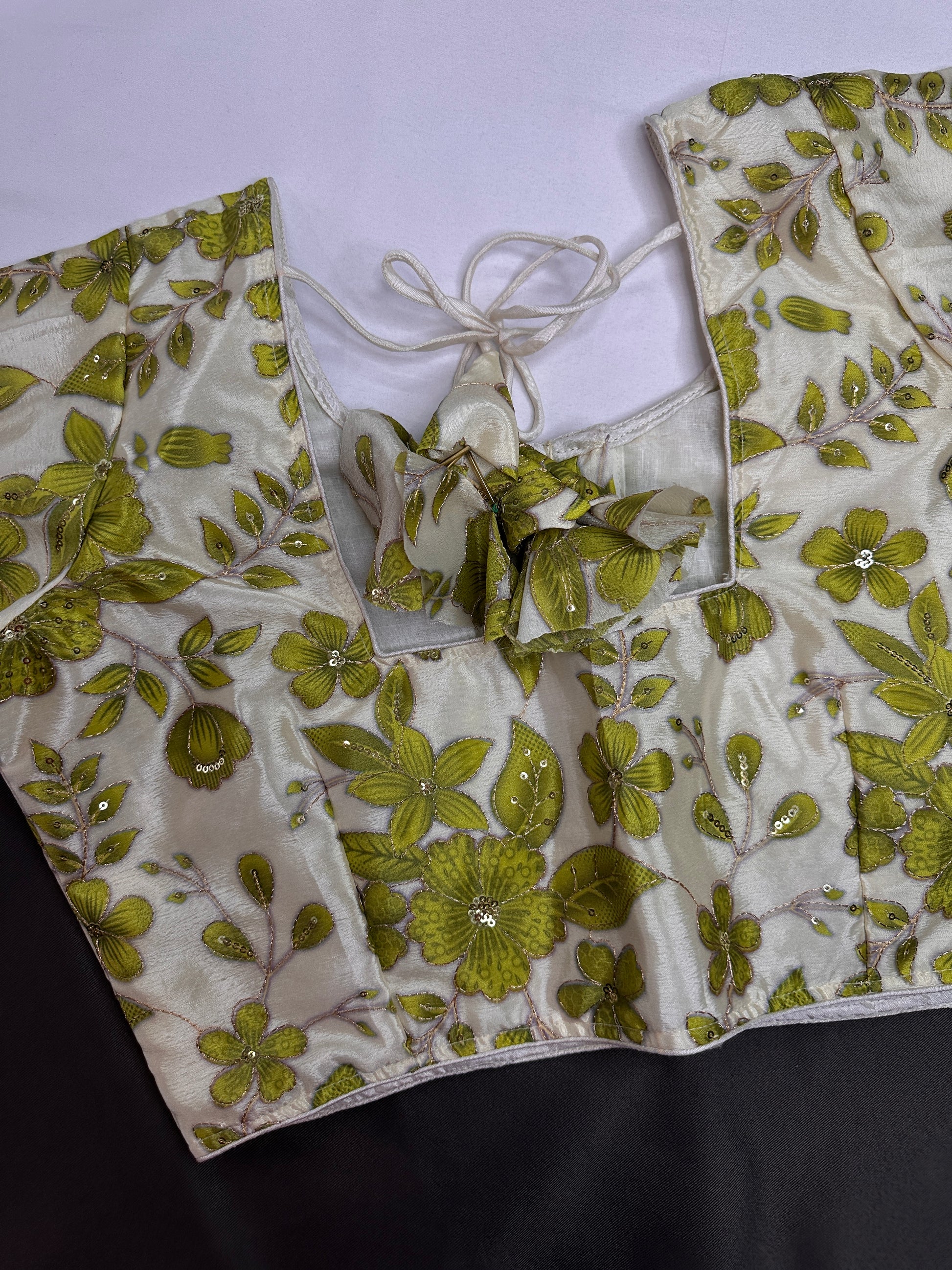 Cream Green Tissue Silk Sequins Work Blouse - 