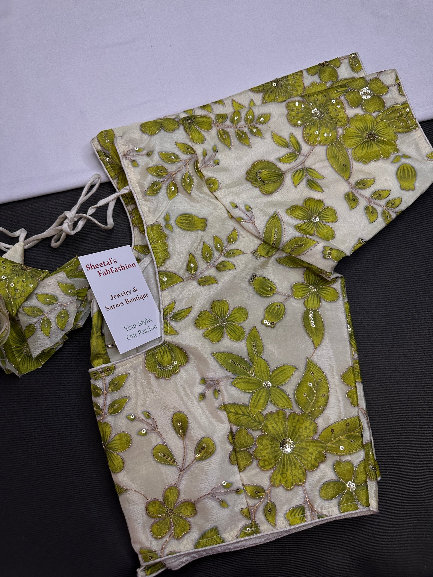 Cream Green Tissue Silk Sequins Work Blouse - 