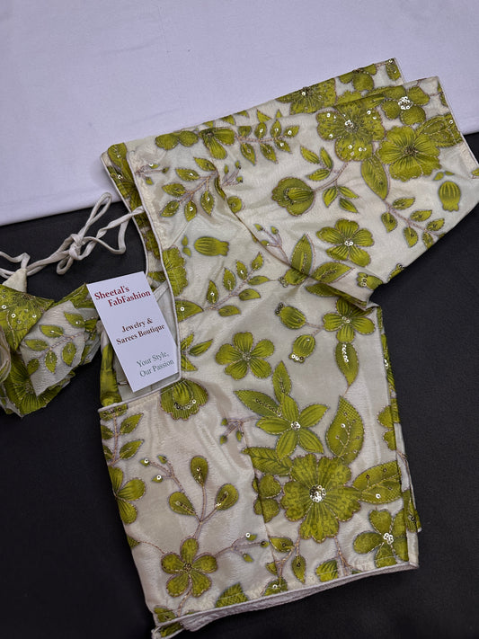 Cream Green Tissue Silk Sequins Work Blouse - 