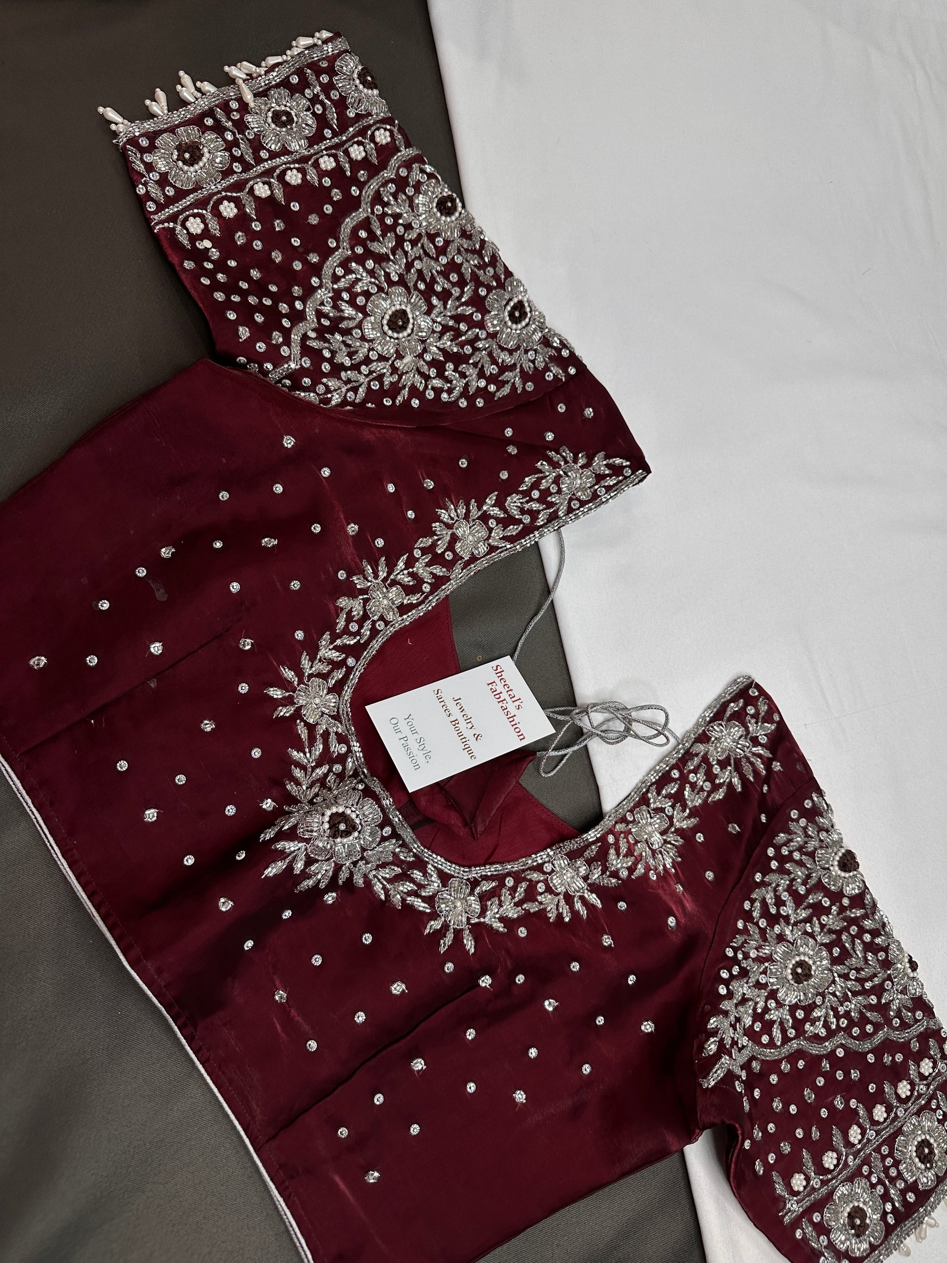 Crepe Maroon Silver Pearl Work Blouse - 
