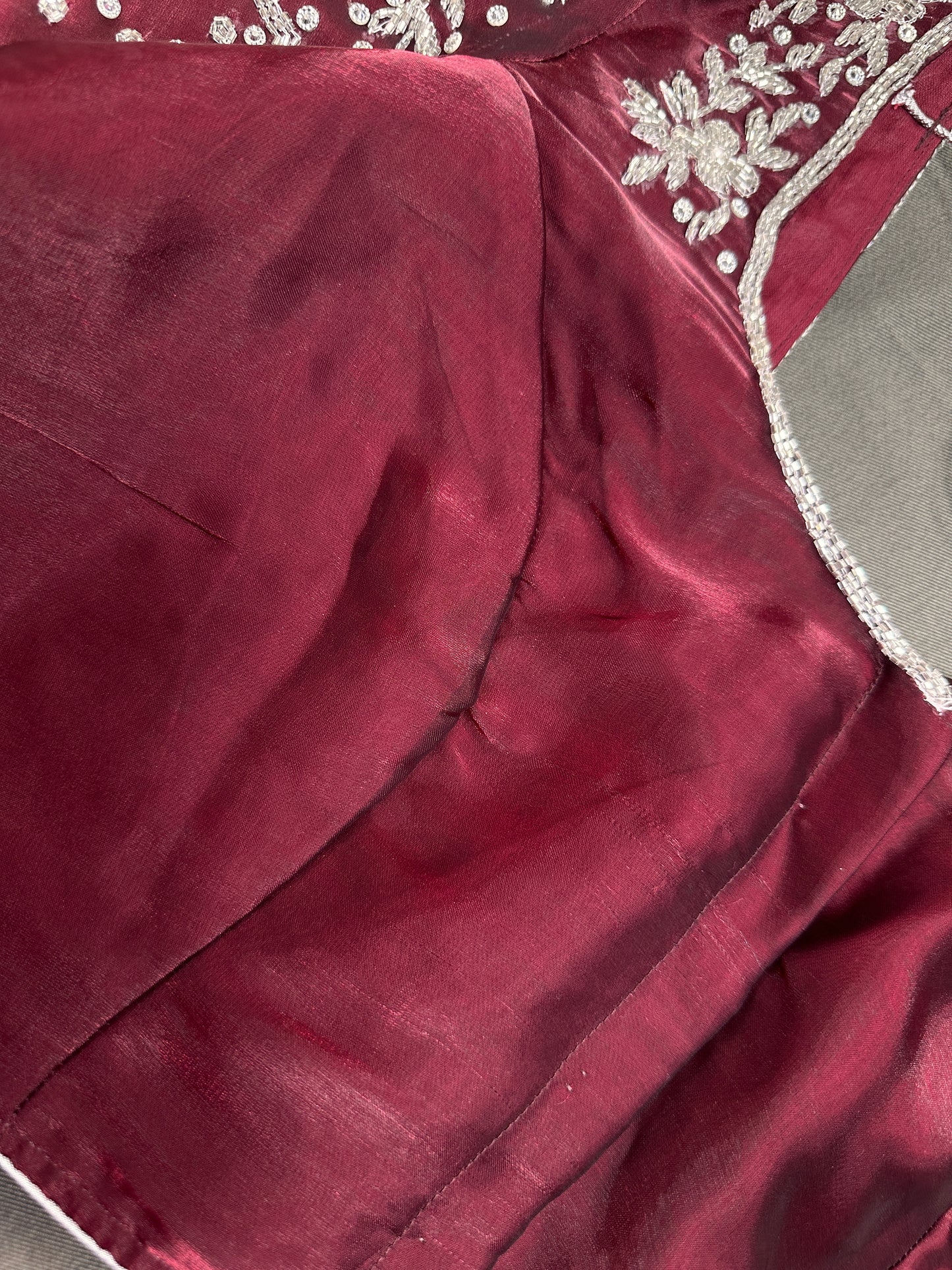 Crepe Maroon Silver Pearl Work Blouse - 