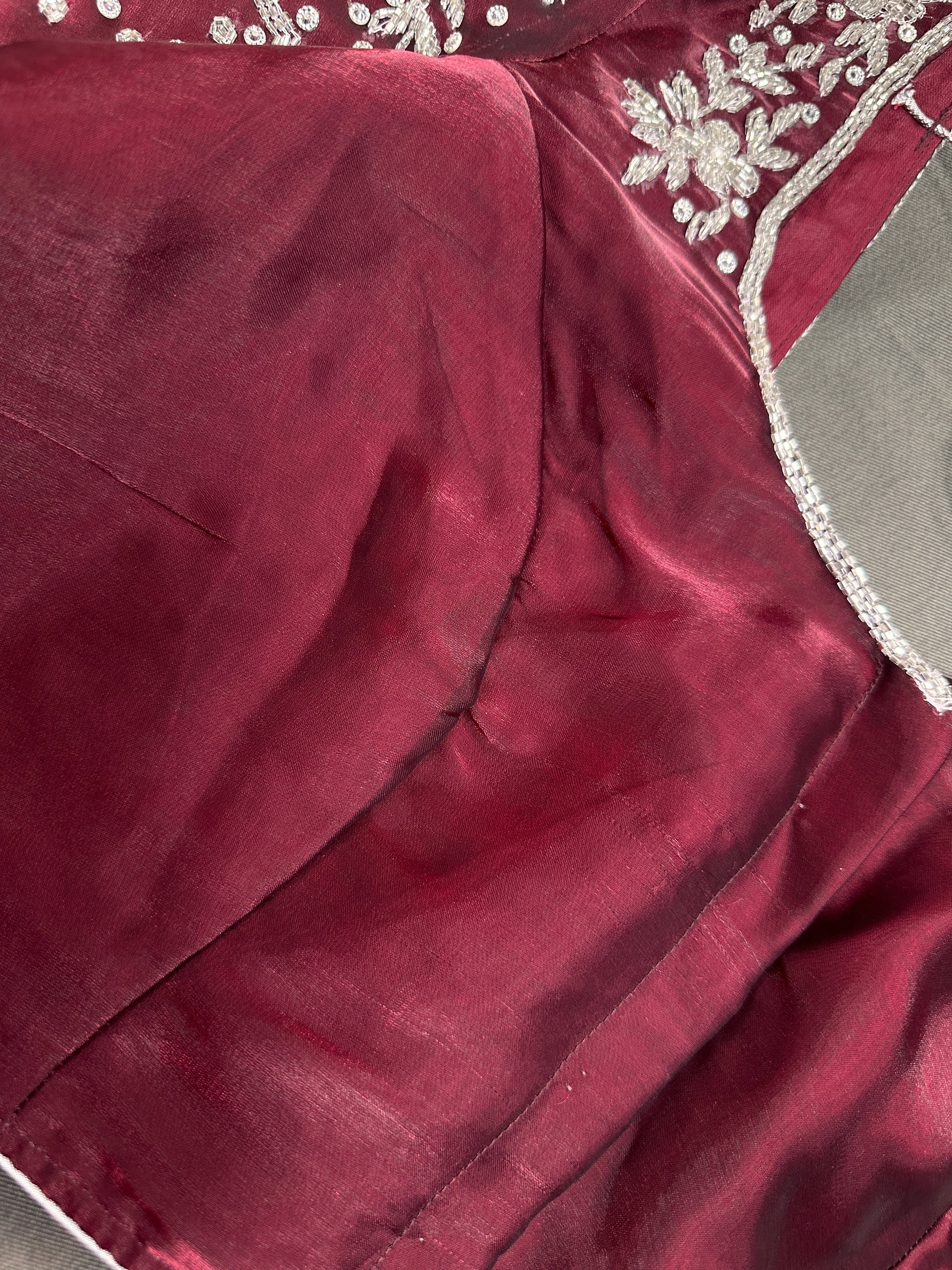 Crepe Maroon Silver Pearl Work Blouse - 