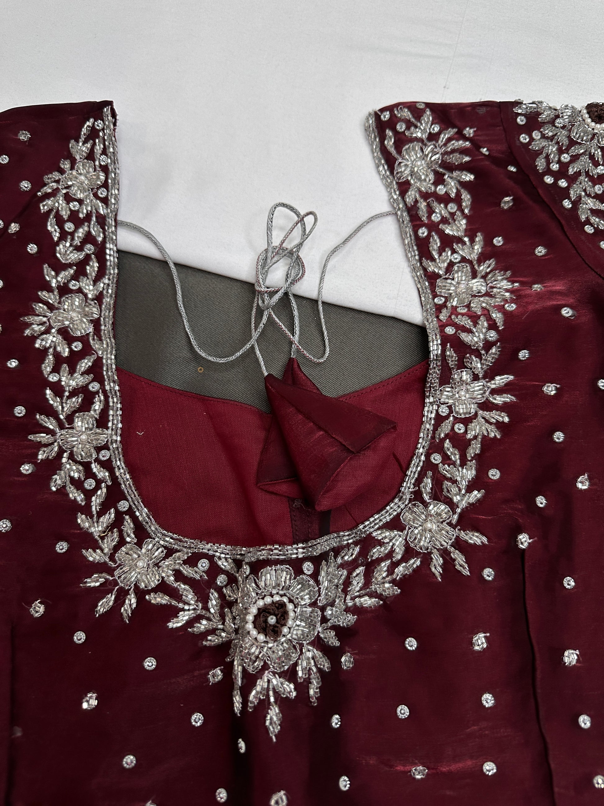 Crepe Maroon Silver Pearl Work Blouse - 