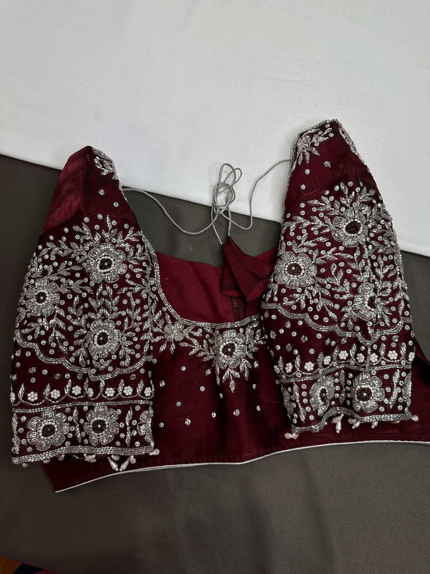 Crepe Maroon Silver Pearl Work Blouse - 
