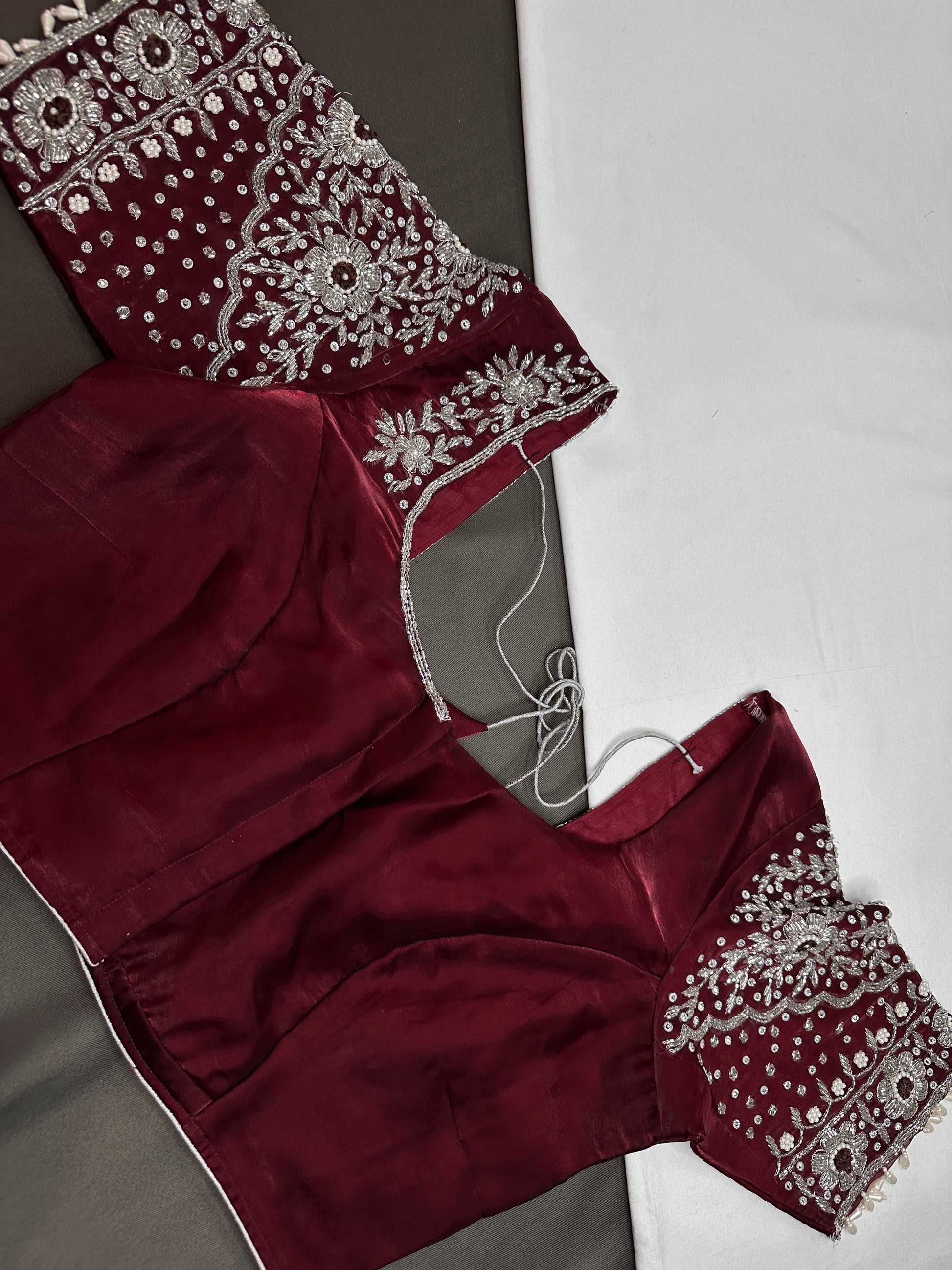Crepe Maroon Silver Pearl Work Blouse - 