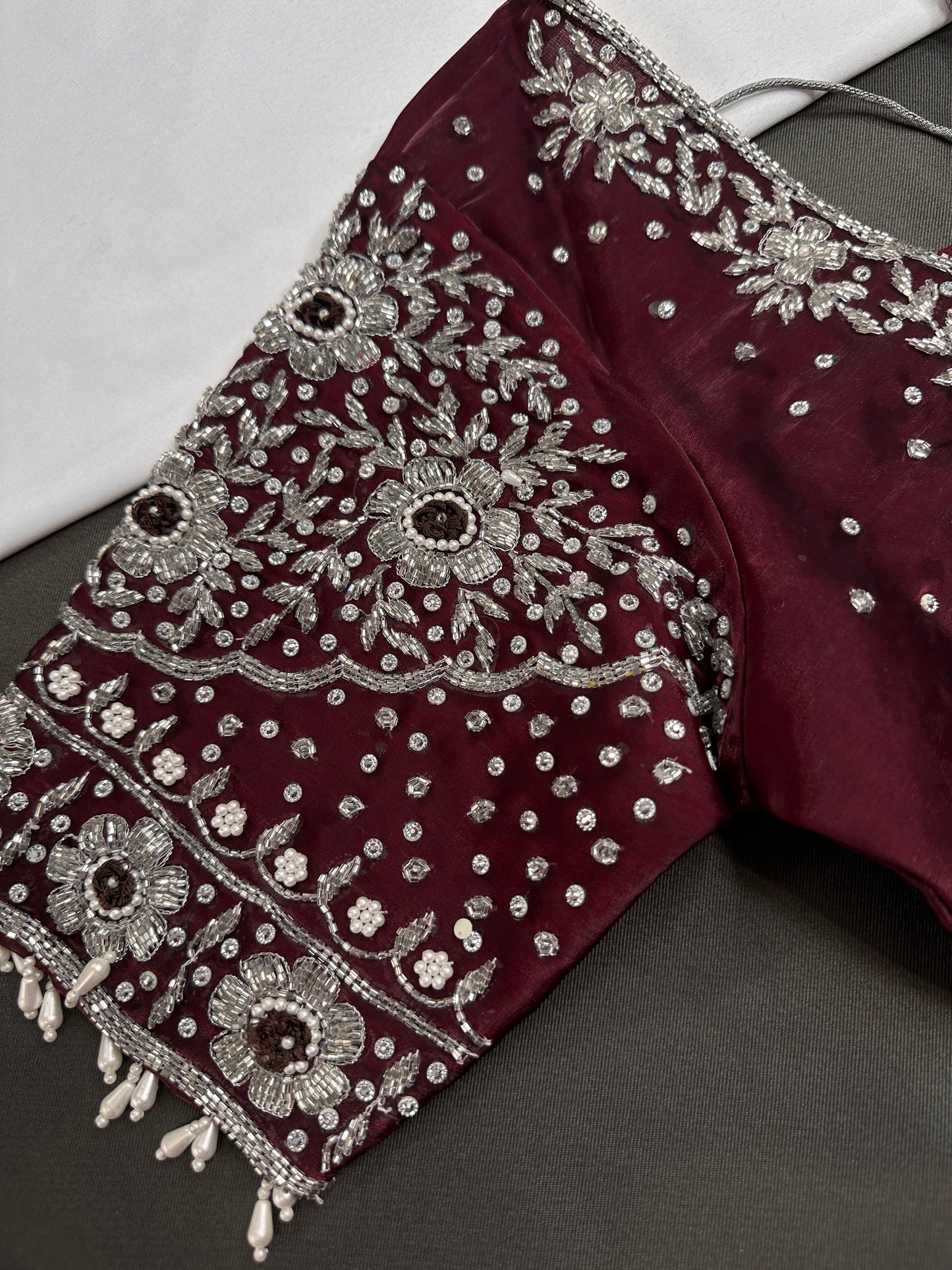 Crepe Maroon Silver Pearl Work Blouse - 