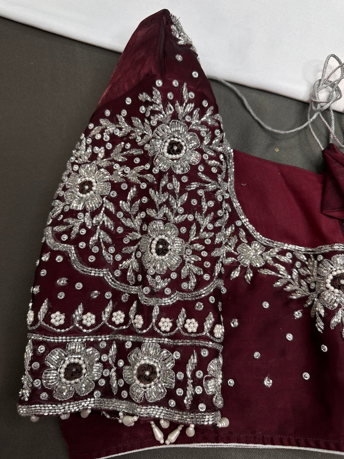 Crepe Maroon Silver Pearl Work Blouse - 