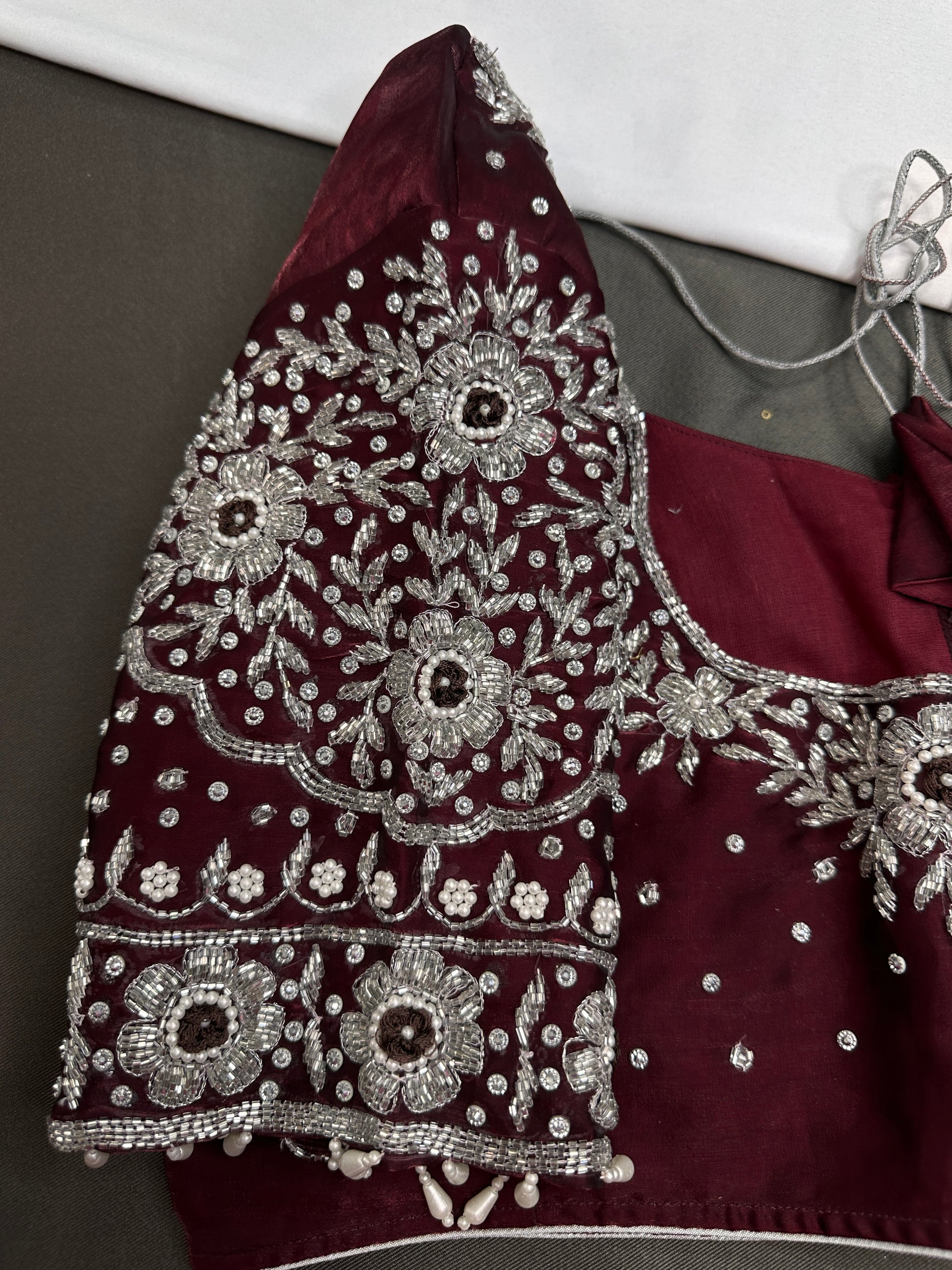 Crepe Maroon Silver Pearl Work Blouse - 