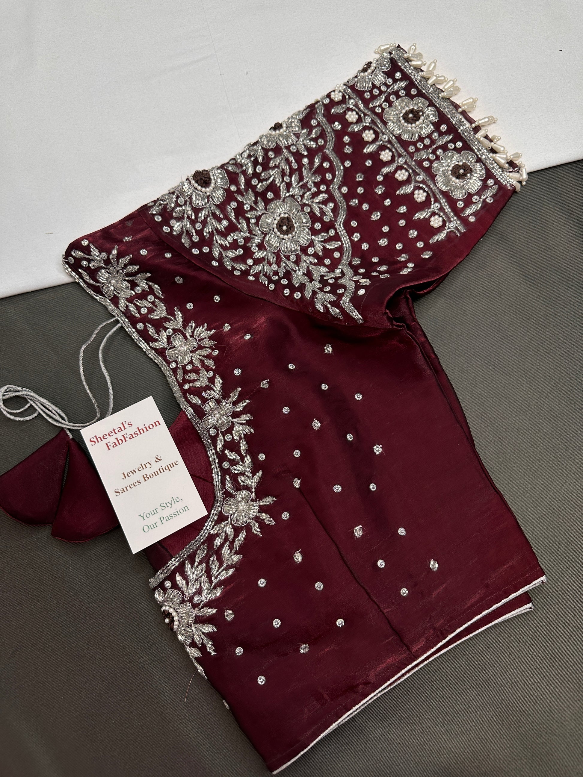 Crepe Maroon Silver Pearl Work Blouse - 