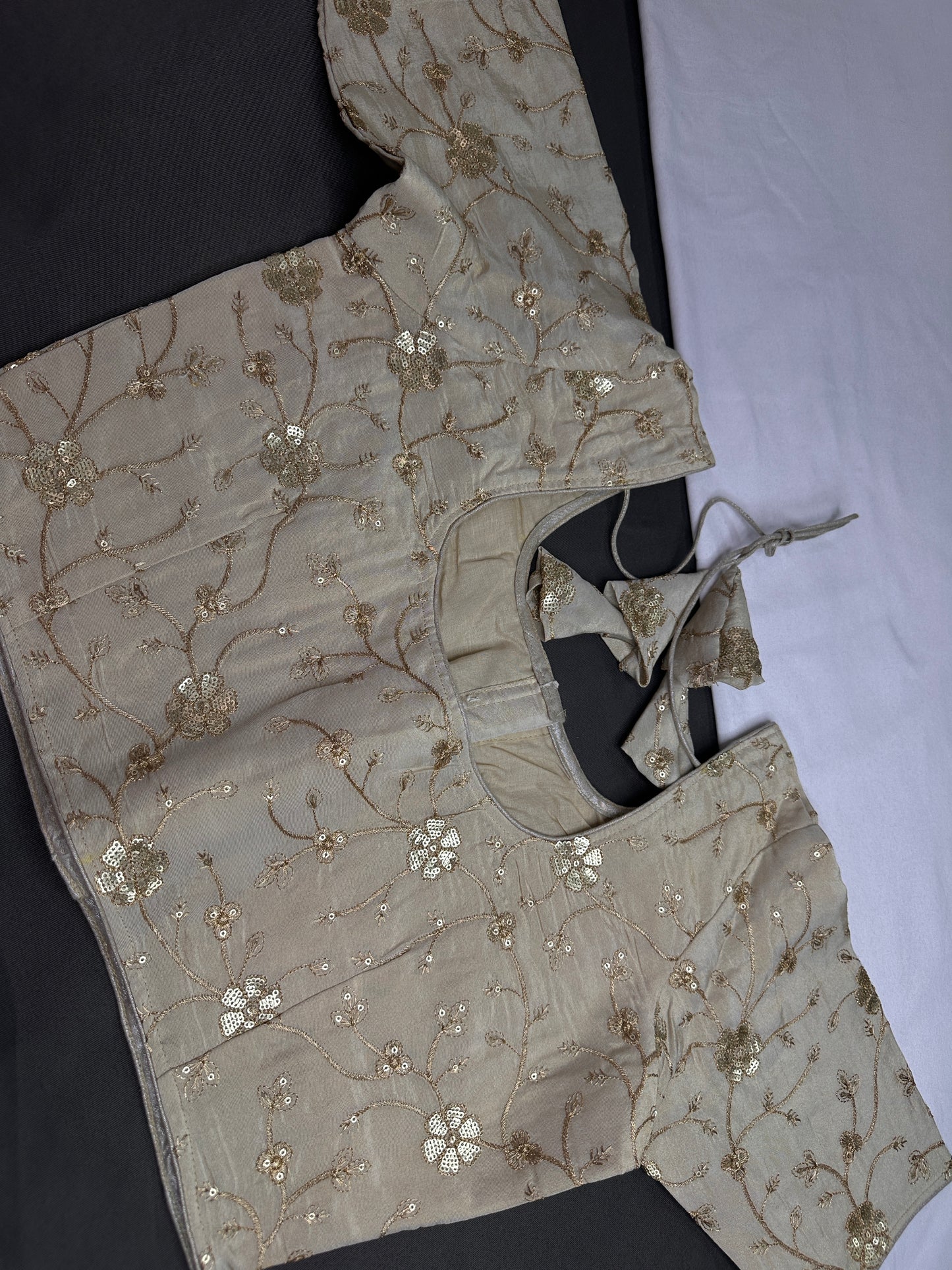Beige Gold Sequins Embroidery Silk Blouse - 