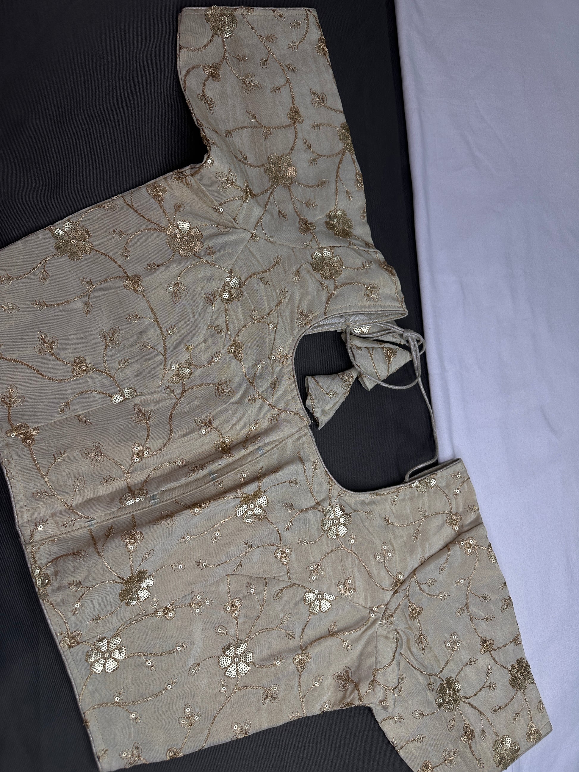 Beige Gold Sequins Embroidery Silk Blouse - 