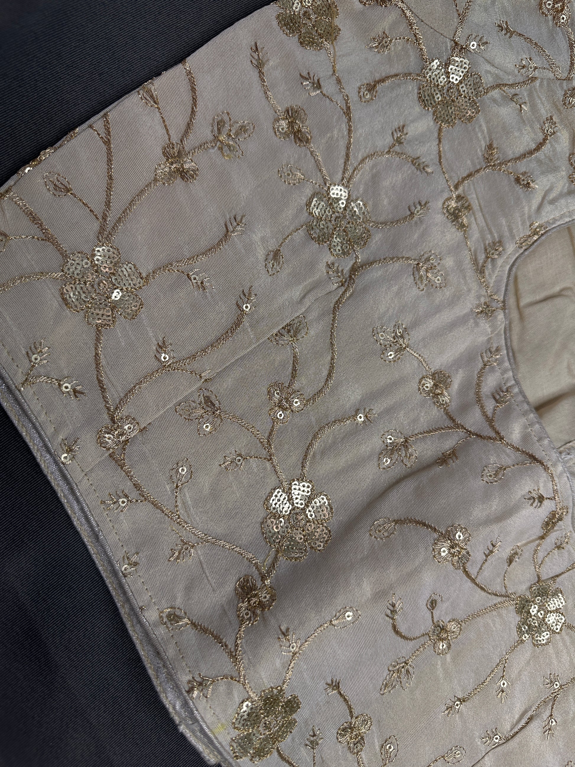Beige Gold Sequins Embroidery Silk Blouse - 