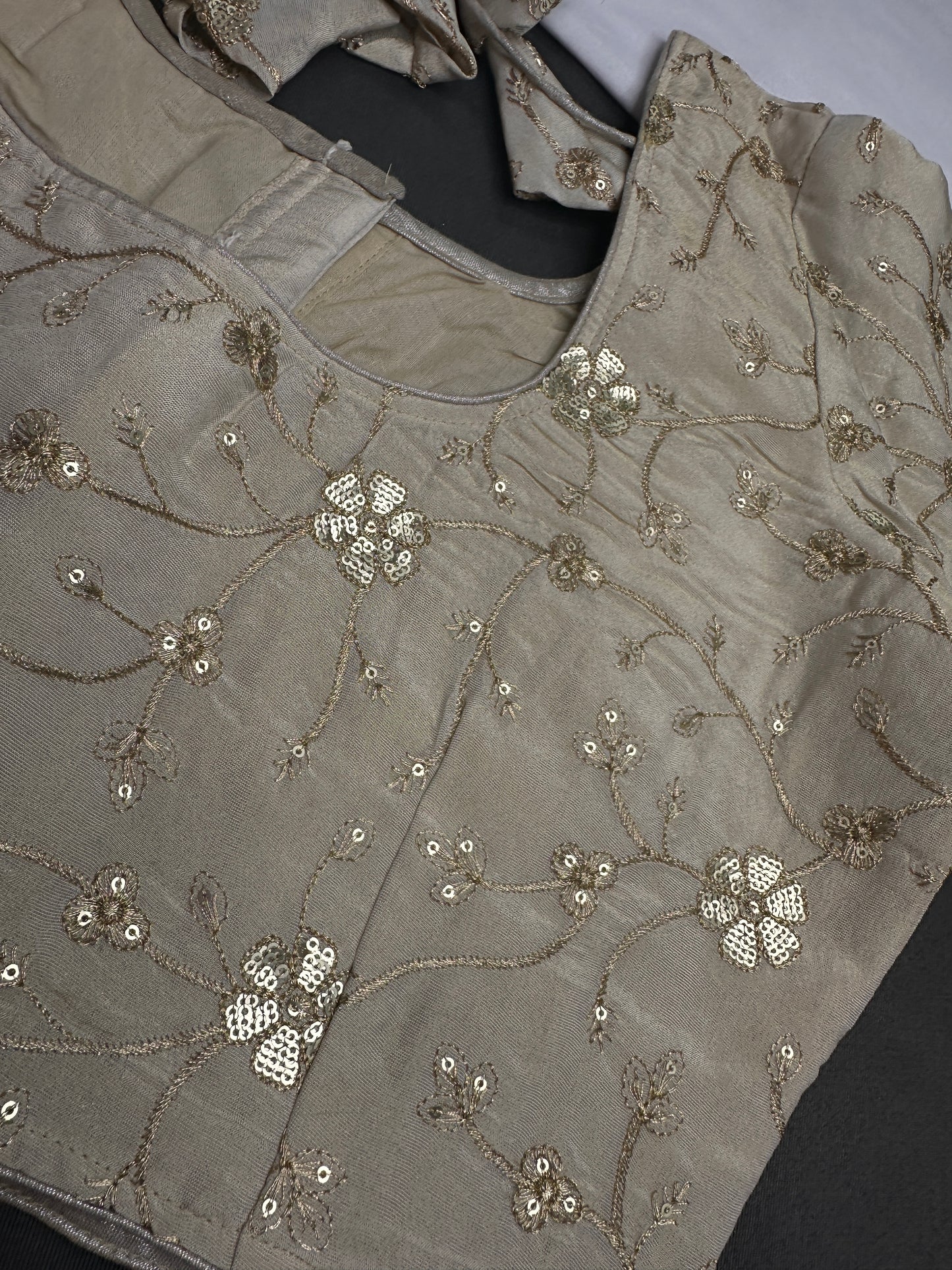 Beige Gold Sequins Embroidery Silk Blouse - 