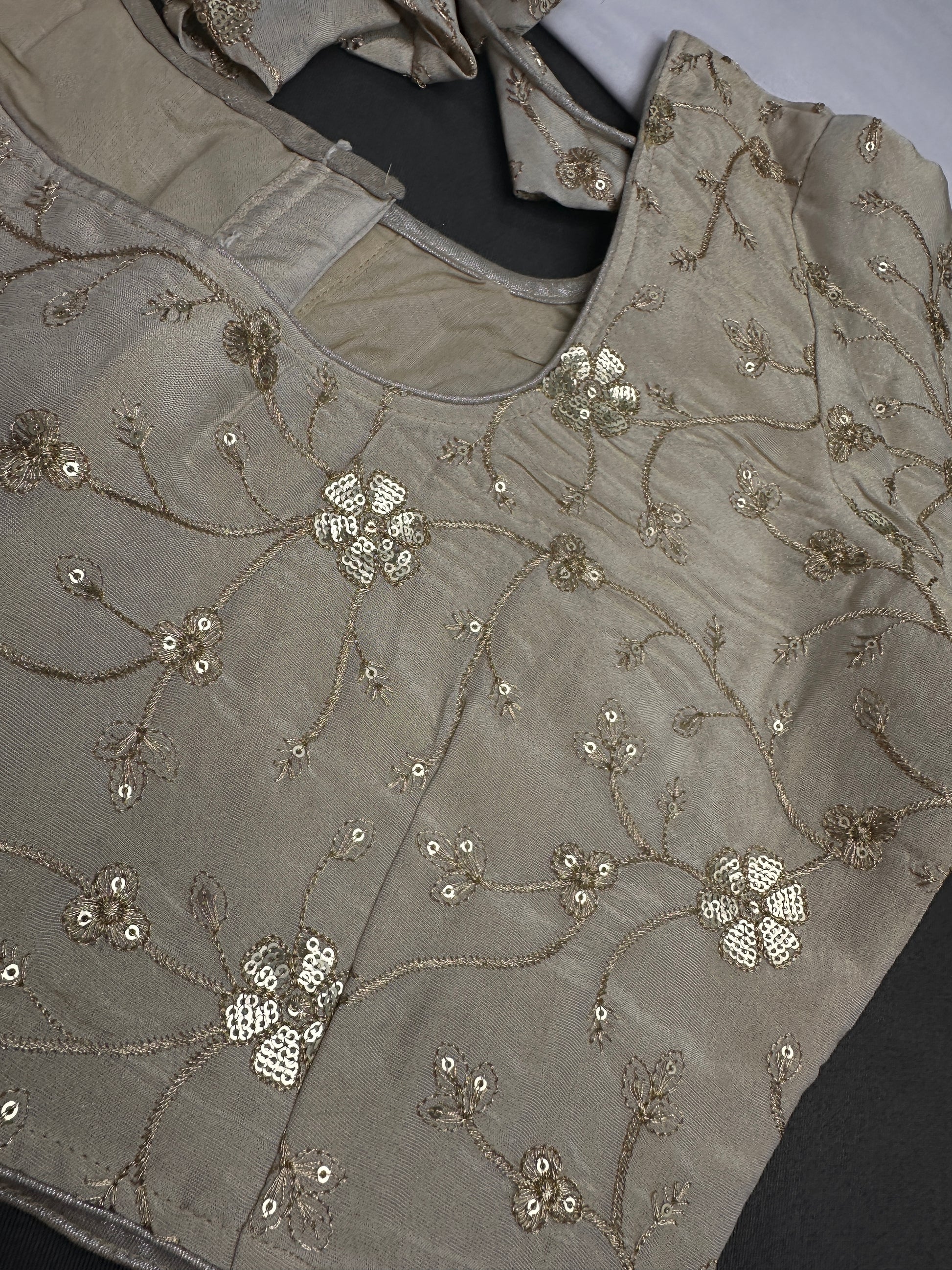 Beige Gold Sequins Embroidery Silk Blouse - 