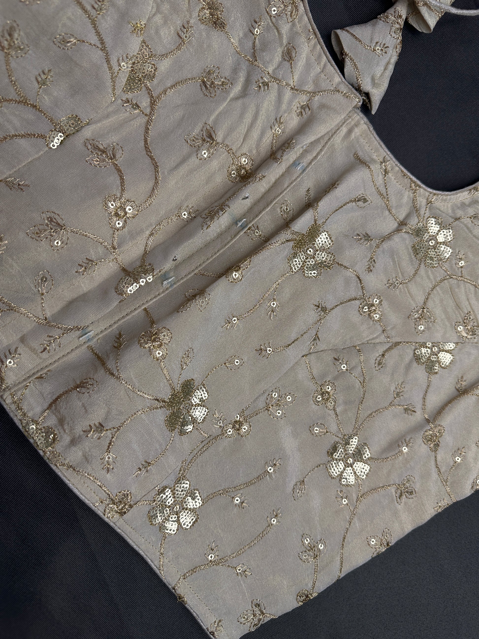 Beige Gold Sequins Embroidery Silk Blouse - 