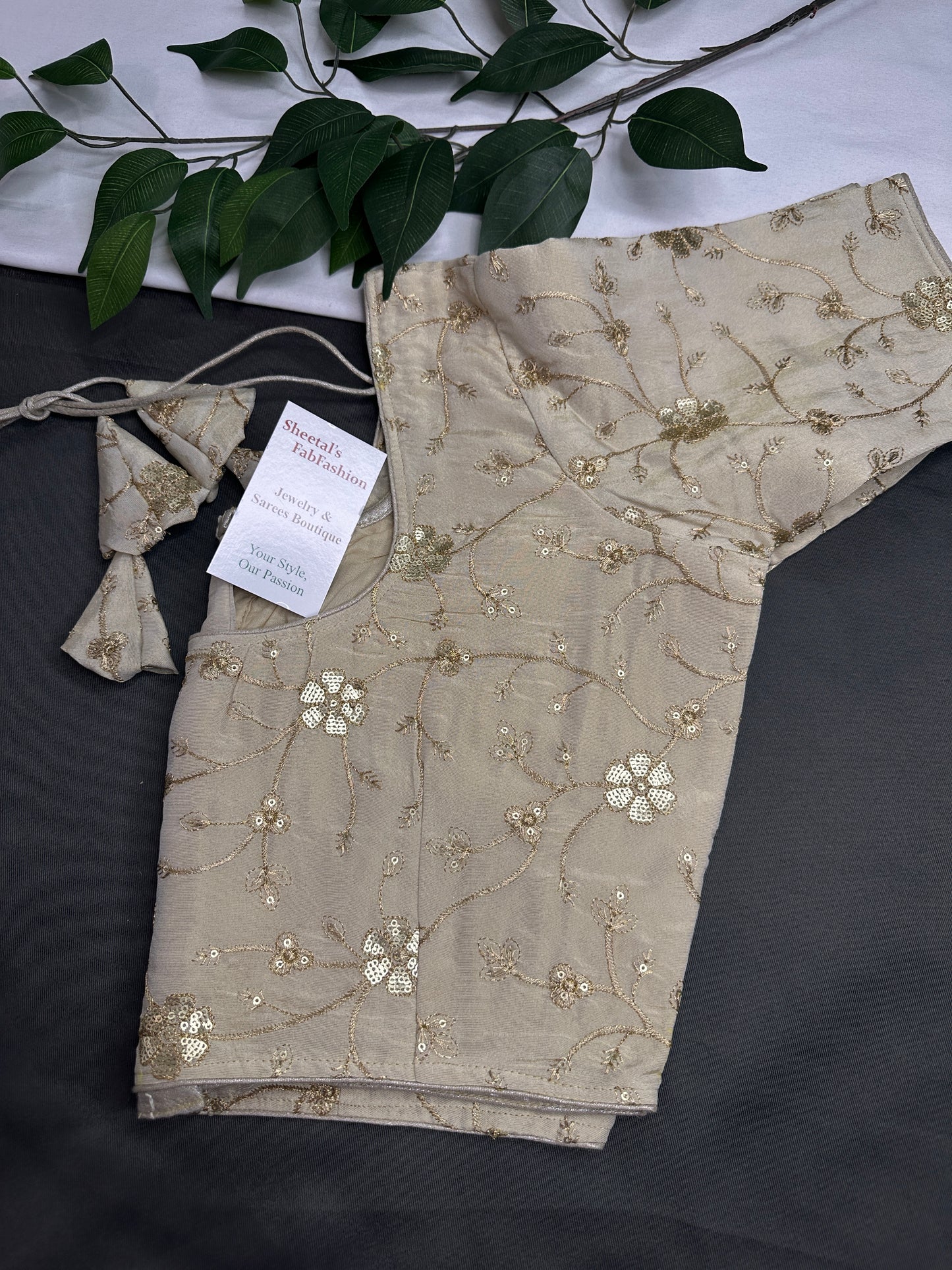 Beige Gold Sequins Embroidery Silk Blouse - 