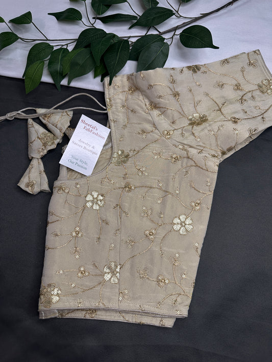 Beige Gold Sequins Embroidery Silk Blouse - 