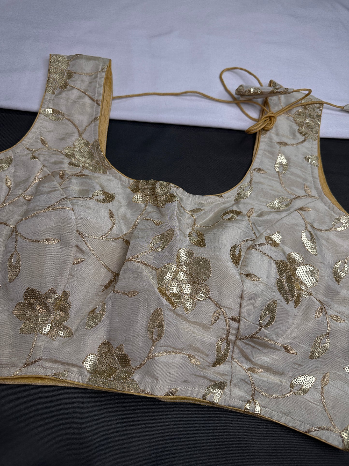 Beige Gold Sequins Embroidery Silk Sleevless Blouse - 