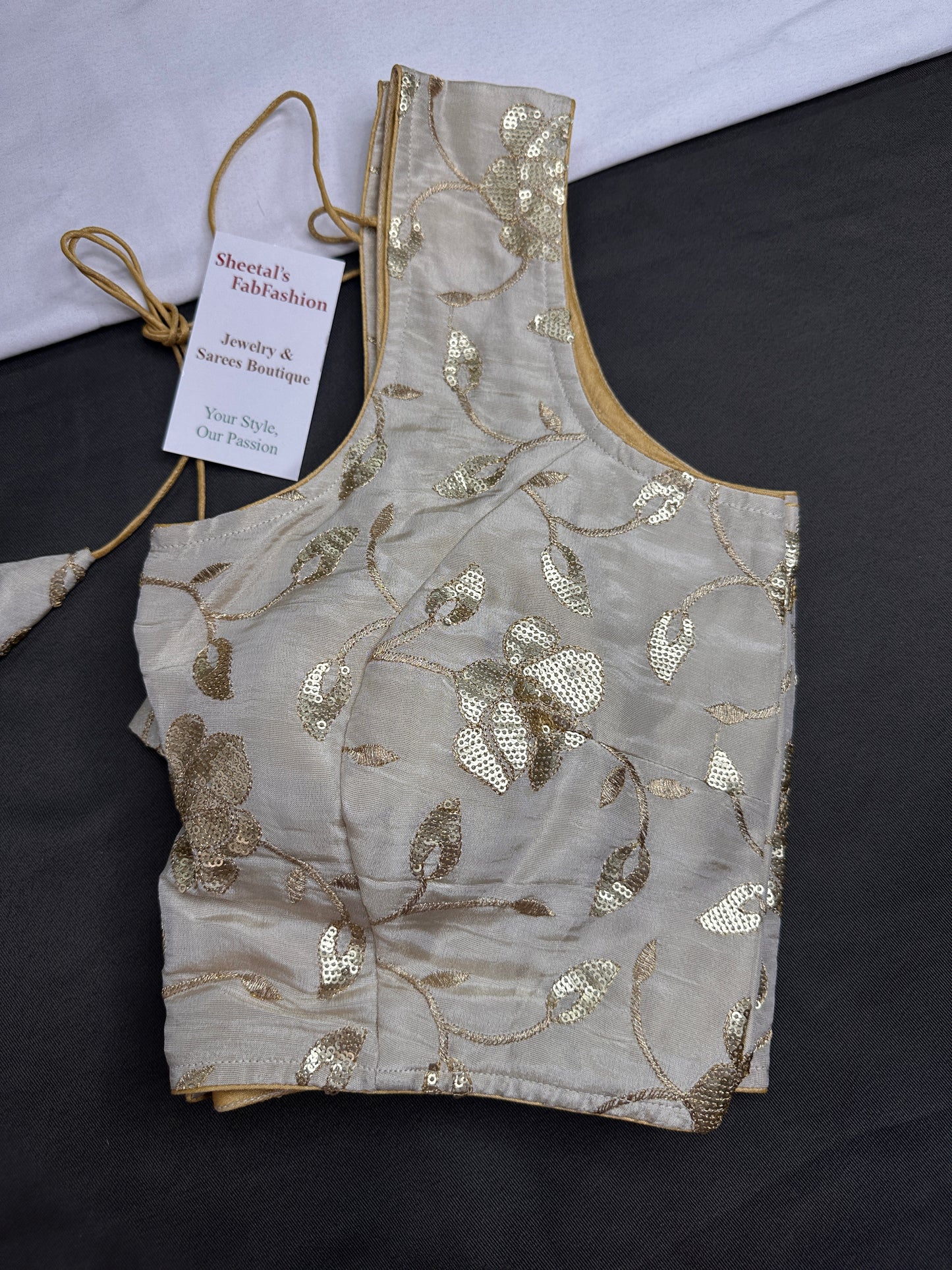 Beige Gold Sequins Embroidery Silk Sleevless Blouse - 
