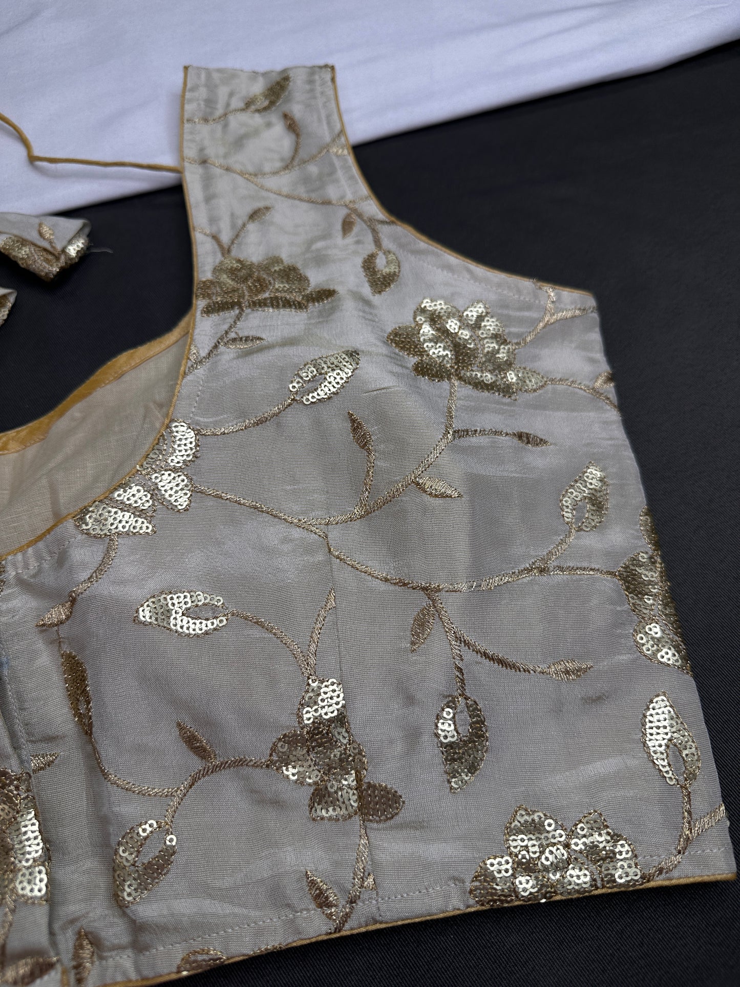 Beige Gold Sequins Embroidery Silk Sleevless Blouse - 