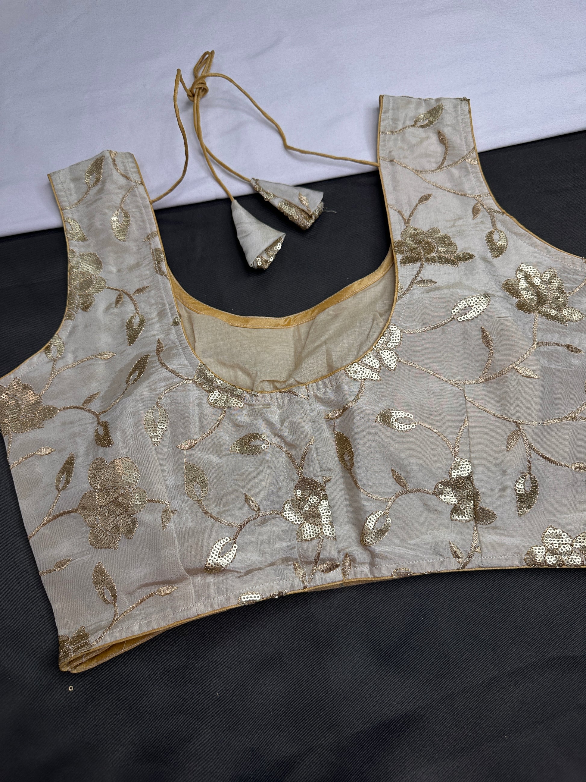 Beige Gold Sequins Embroidery Silk Sleevless Blouse - 