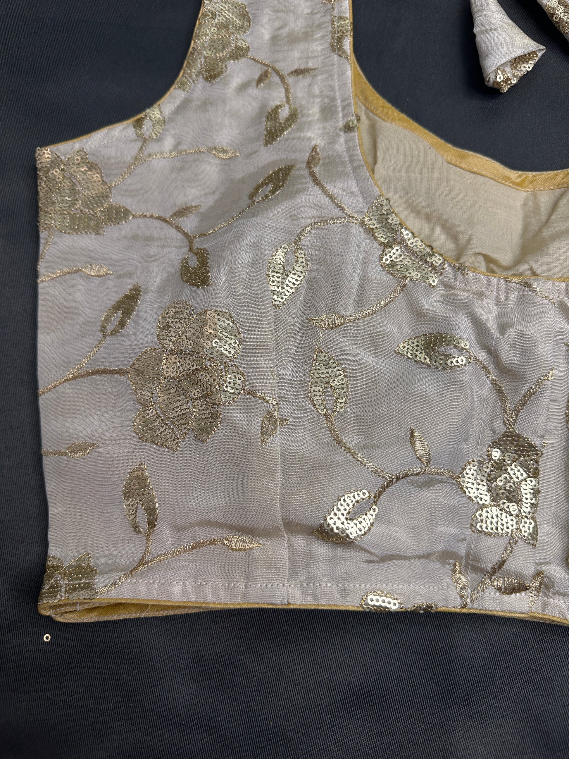 Beige Gold Sequins Embroidery Silk Sleevless Blouse - 