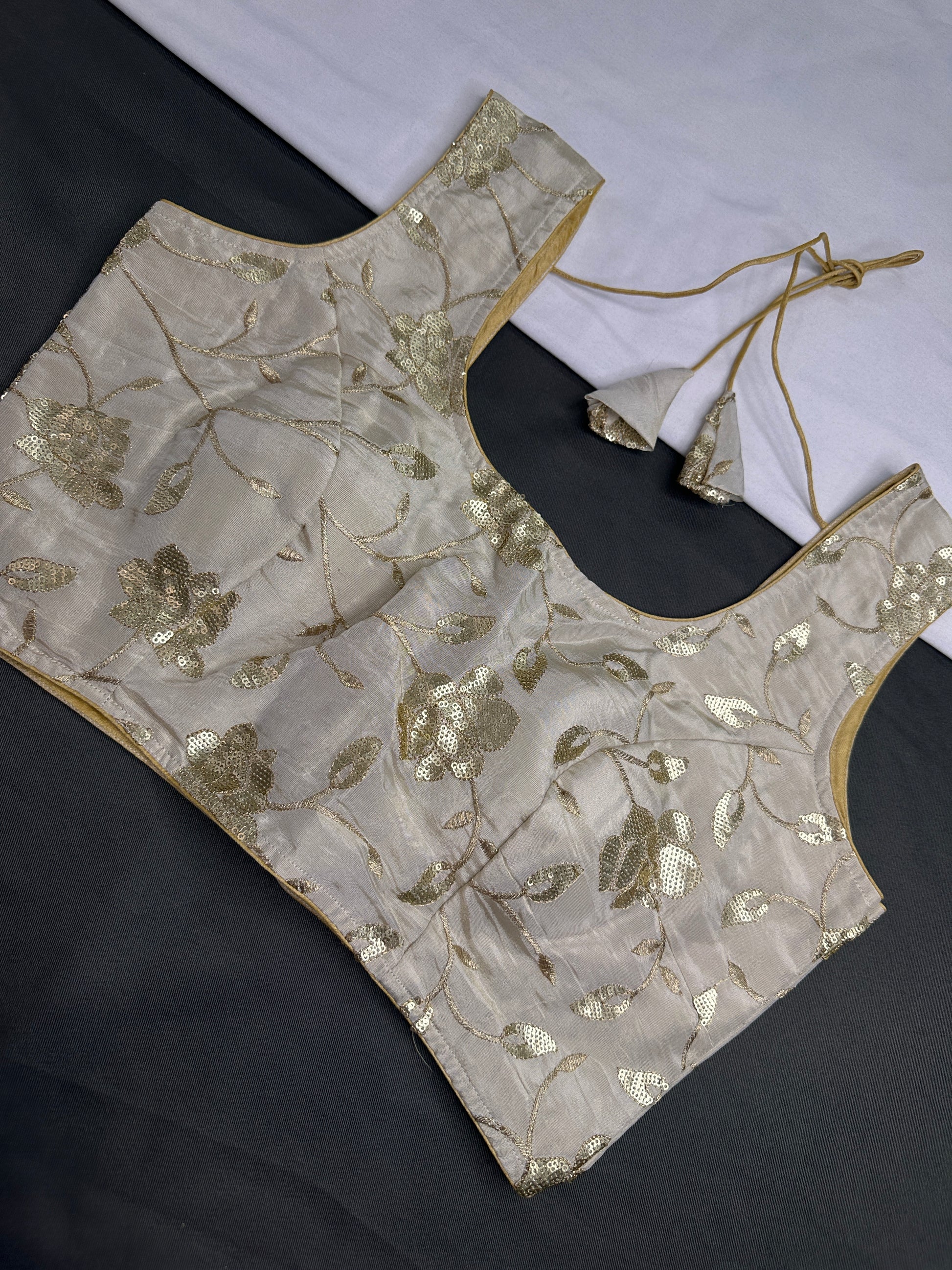 Beige Gold Sequins Embroidery Silk Sleevless Blouse - 